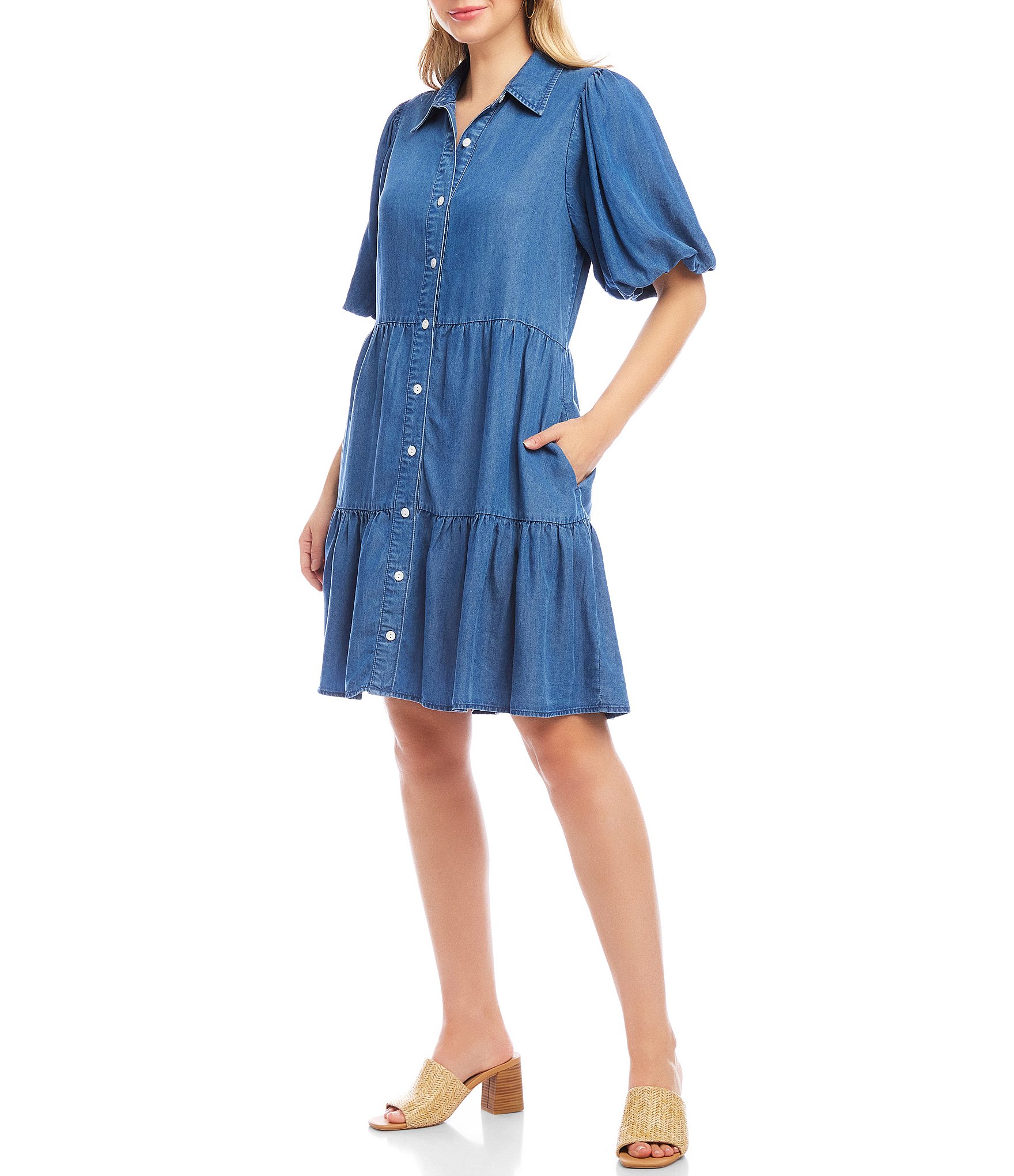 Karen Kane Chambray Point Collar Puff Sleeve Tiered Dress