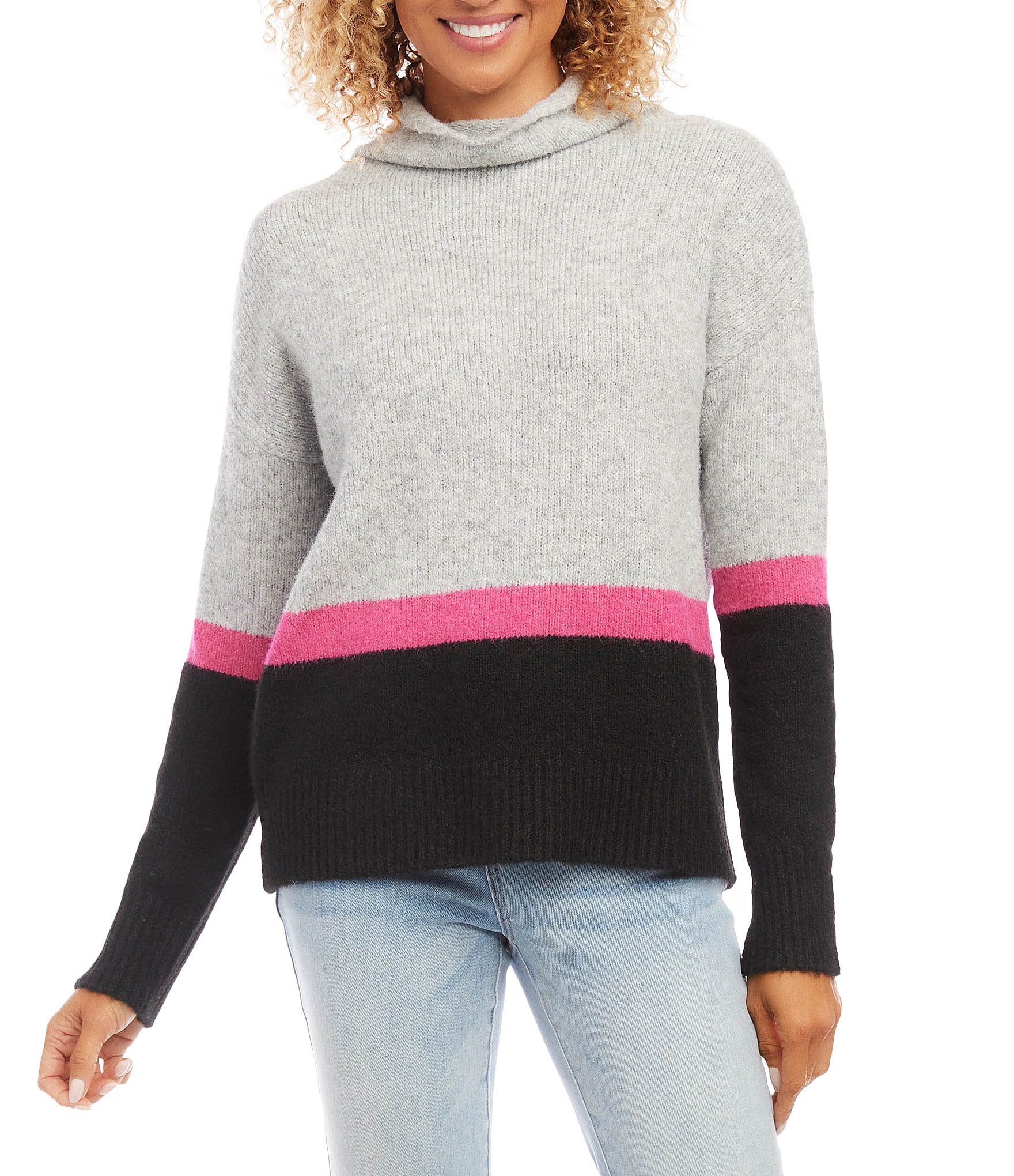 Black And Red Color Block Turtleneck Sweater