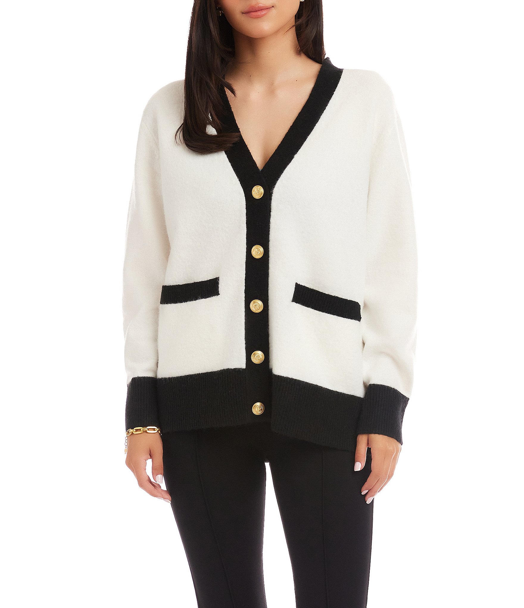 Karen Kane Contrast Colorblock V-Neck Long Sleeve Crest Gold Button Front Knit Cardigan Sweater