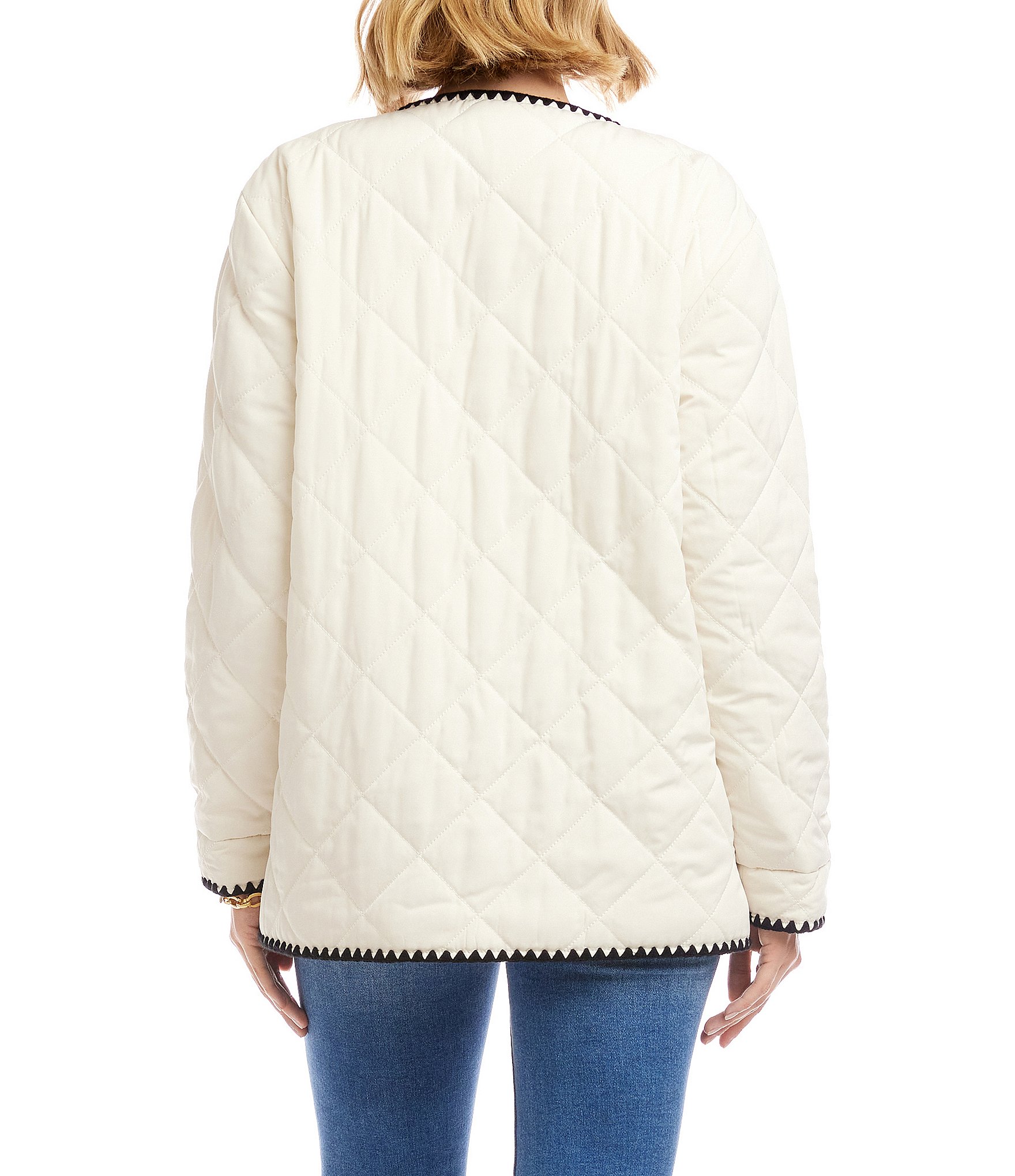 Karen Kane Contrast Edge Stitch Quilted Crew Neck Button Front Jacket