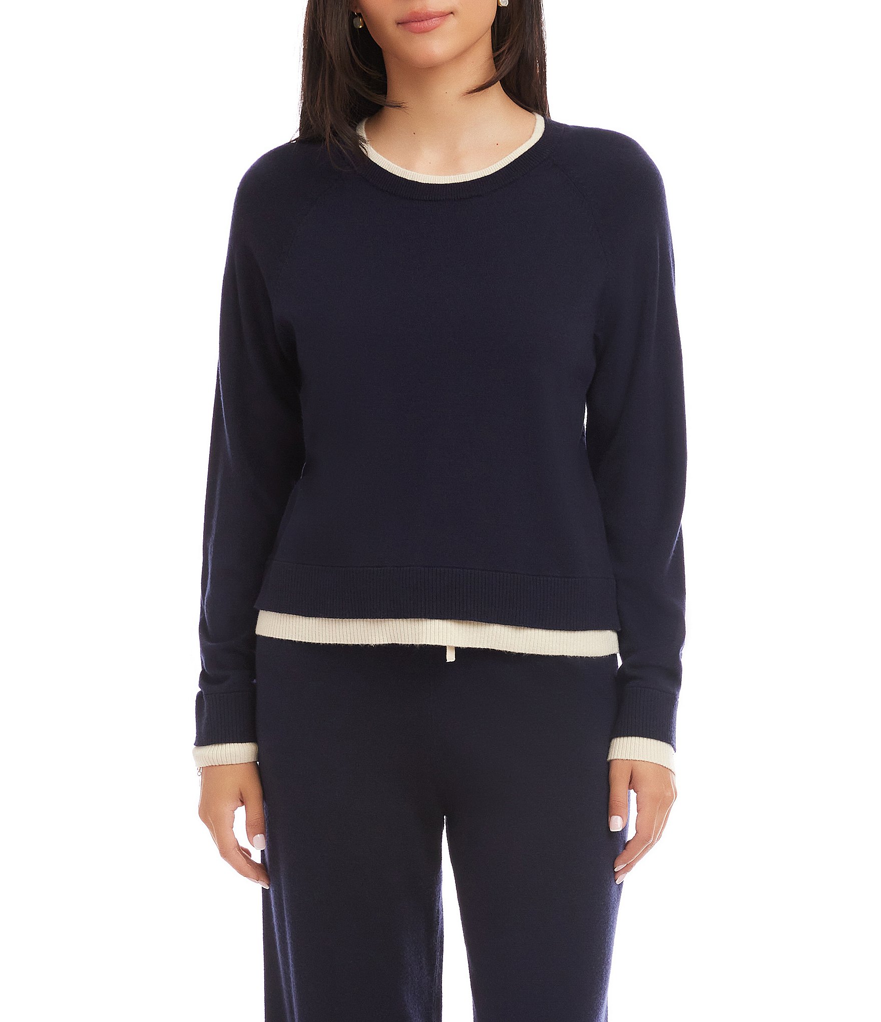 Karen Kane Contrast Trim Coordinating Crew Neck Raglan Long Sleeve Knit Top