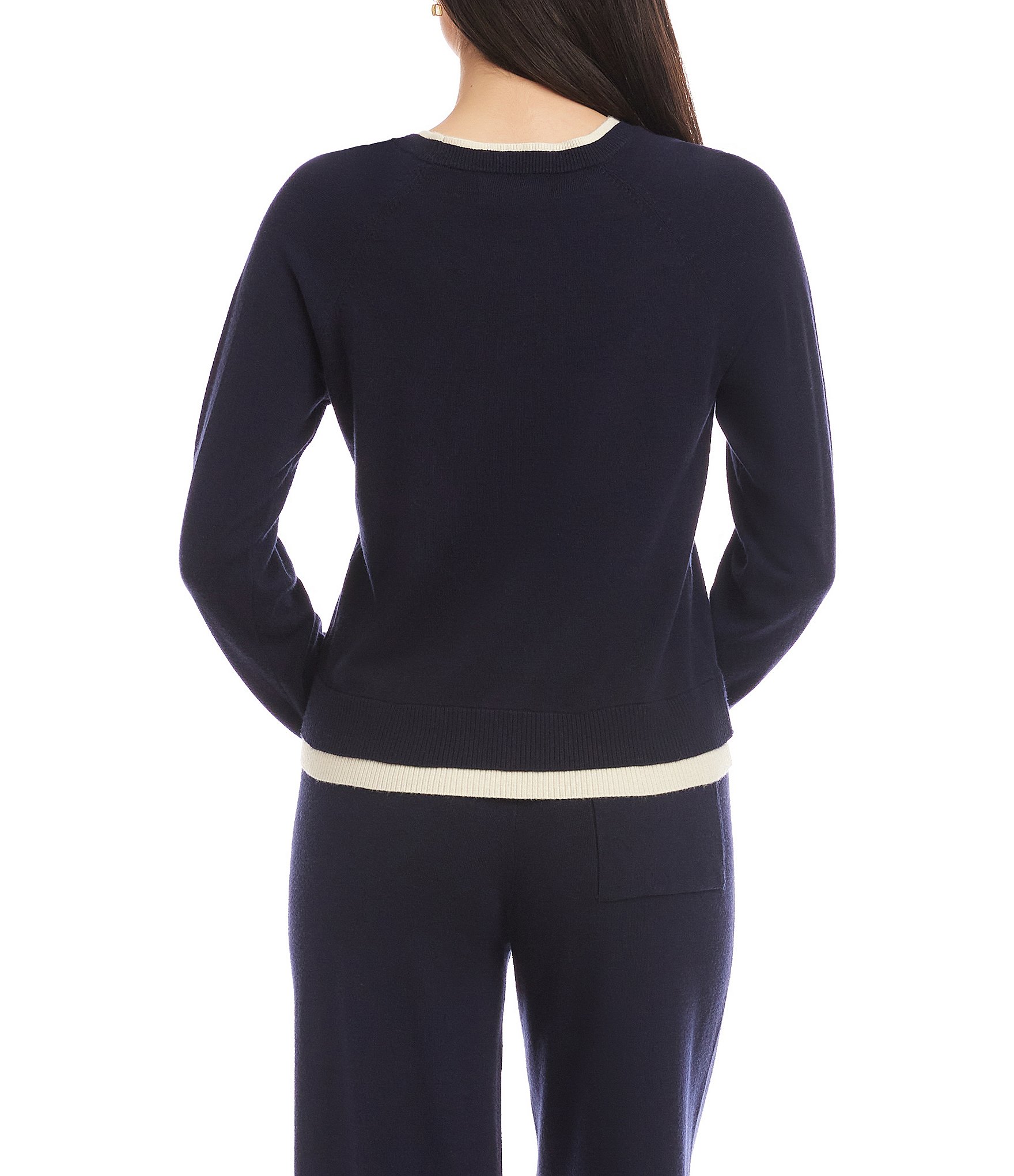 Karen Kane Contrast Trim Coordinating Crew Neck Raglan Long Sleeve Knit Top