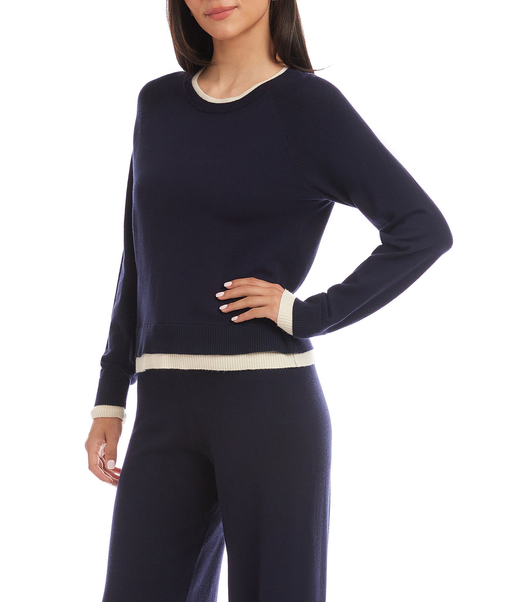 Karen Kane Contrast Trim Coordinating Crew Neck Raglan Long Sleeve Knit Top
