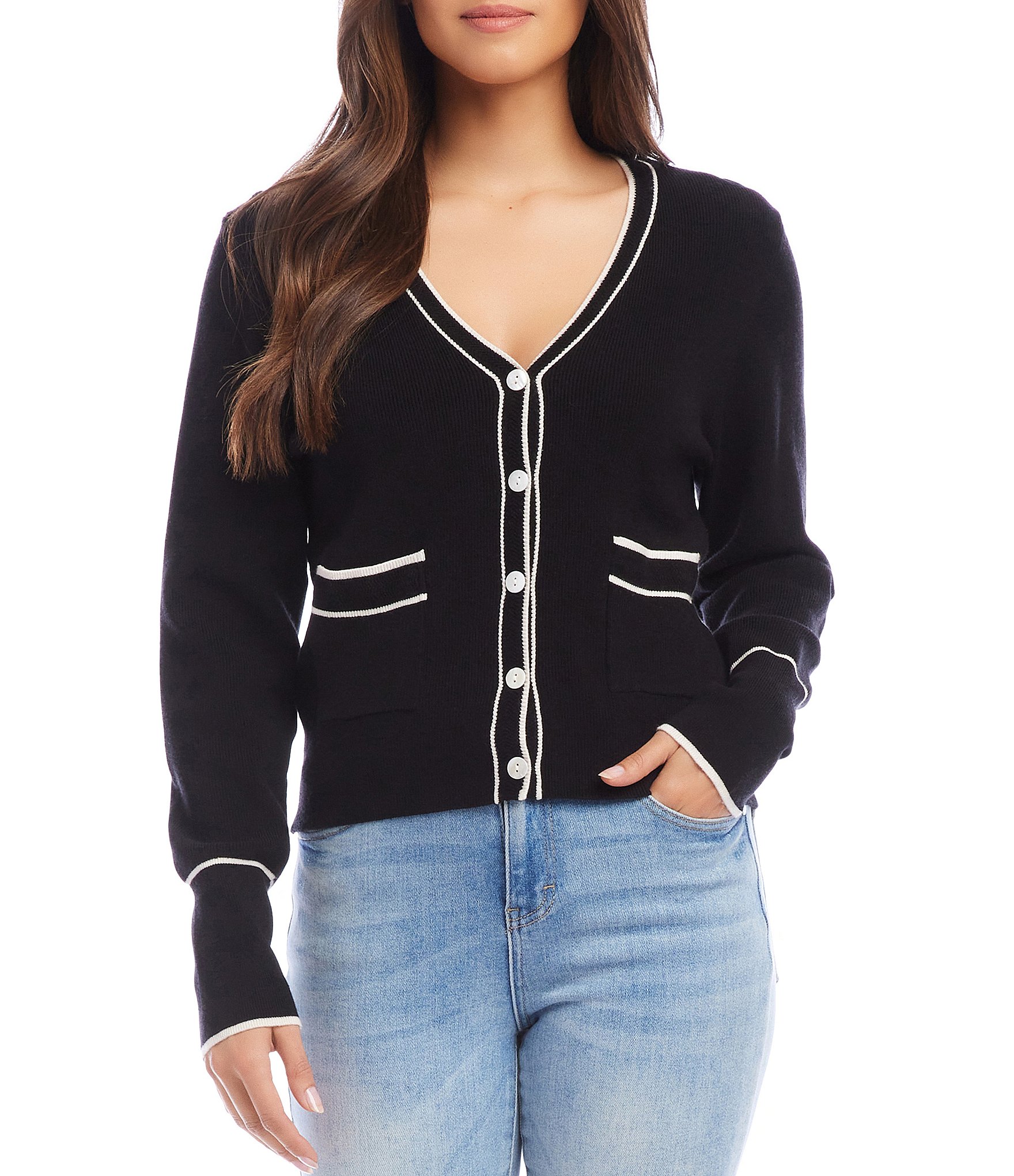 Karen Kane Contrast Trim V-Neck Long Sleeve Button-Front Cardigan ...