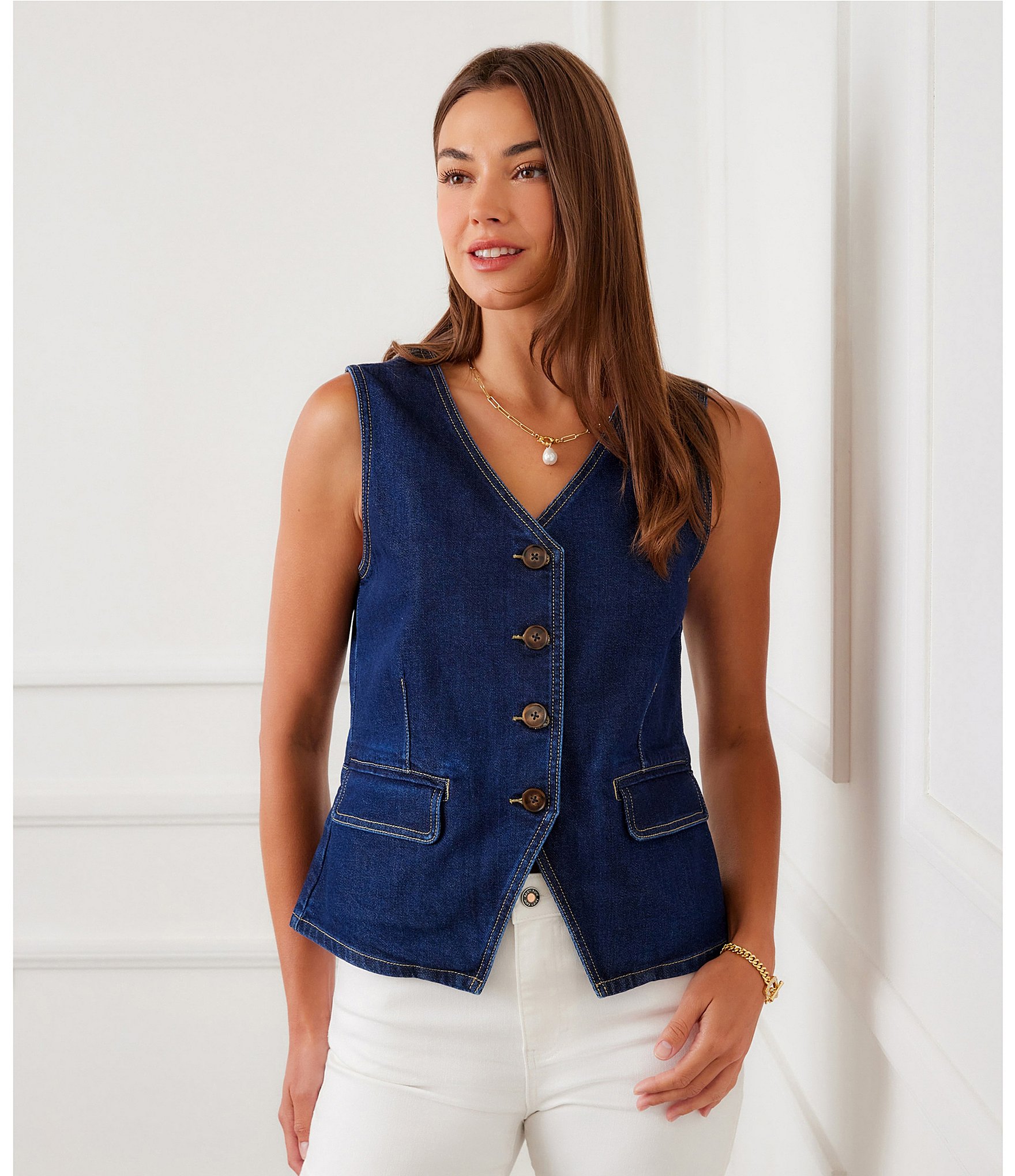 Karen Kane Coordinating Denim V-Neck Sleeveless Button Front Vest