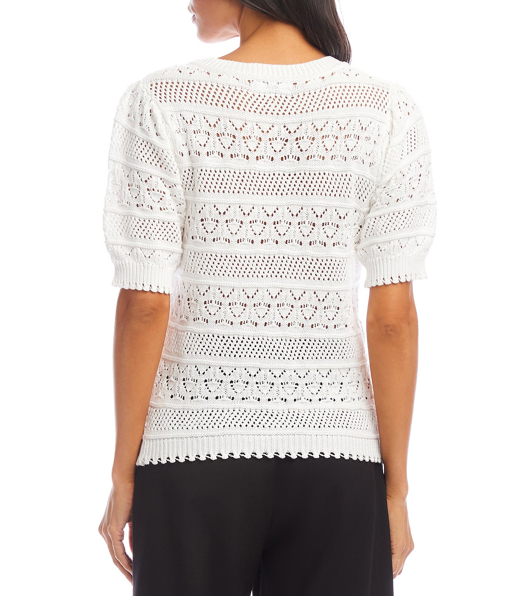 Karen Kane Cotton Crochet V-Neck Puff Sleeve Unlined Top