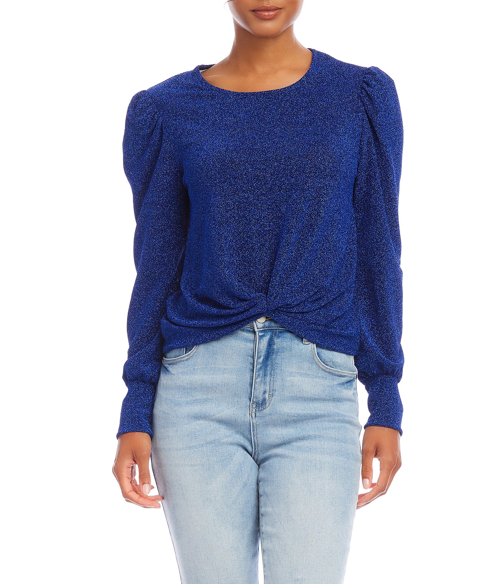 Karen Kane Crew Neck Puff Sleeve Front Twist Metallic Knit Shirt