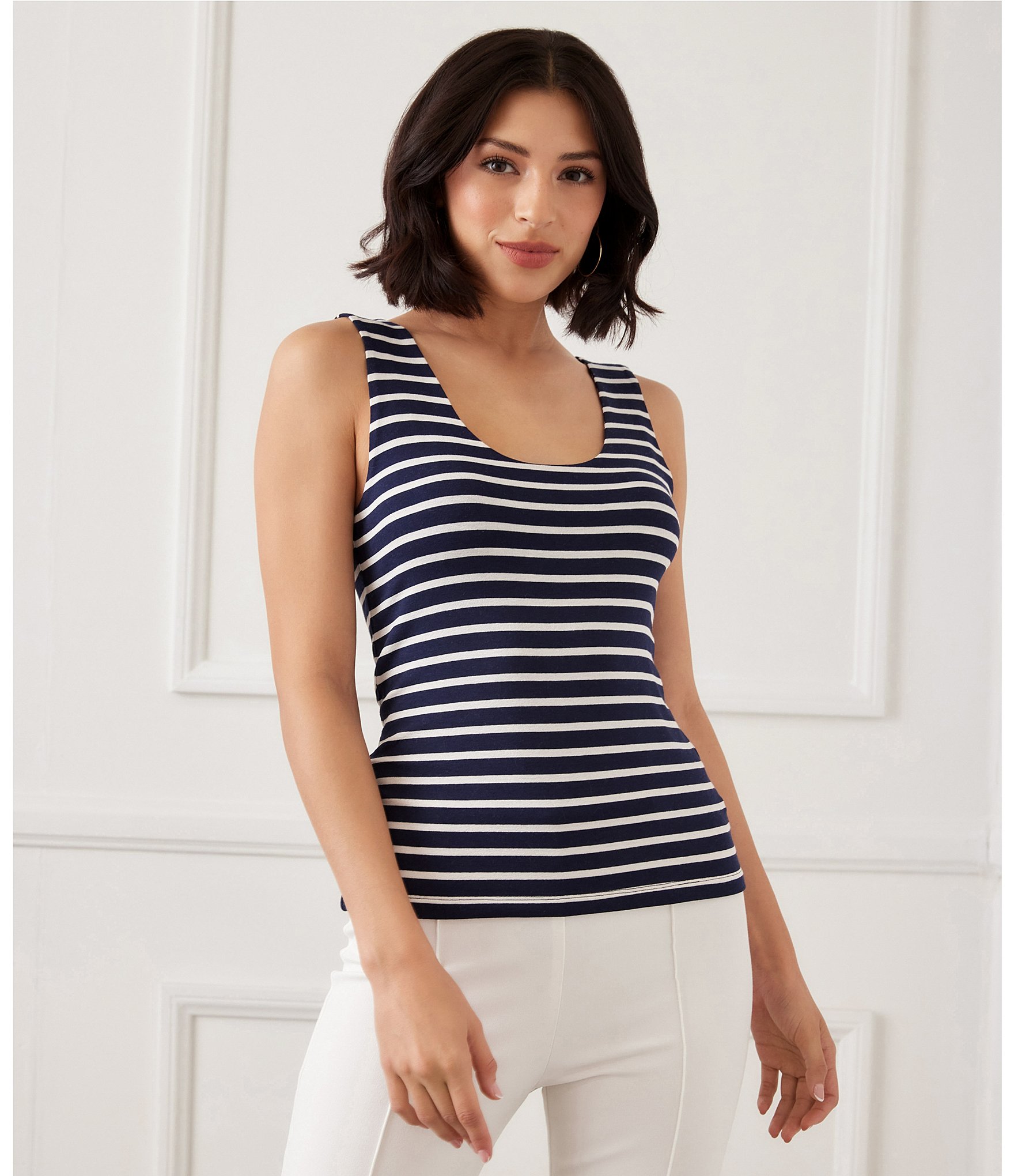 Karen Kane Double-Layer Striped Scoop Neck Sleeveless Layering Knit Tank