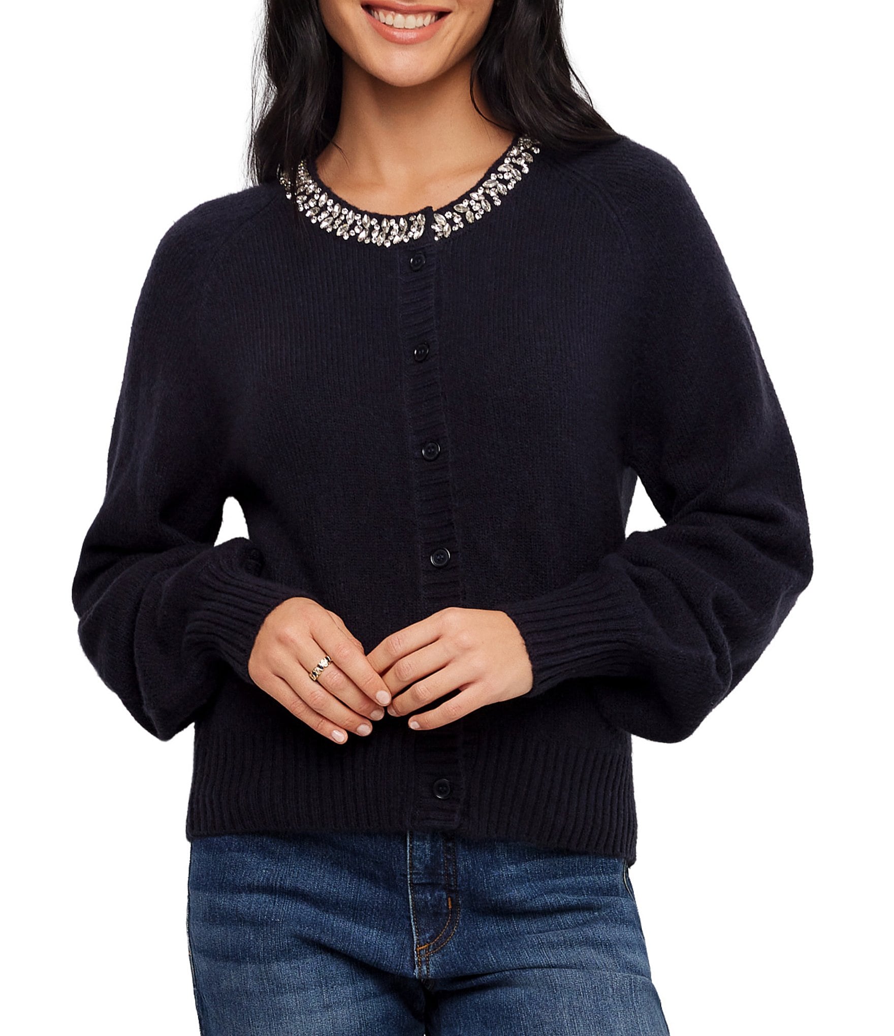 Karen Kane Embellished Crew Neck Long Sleeve Button Front Cardigan