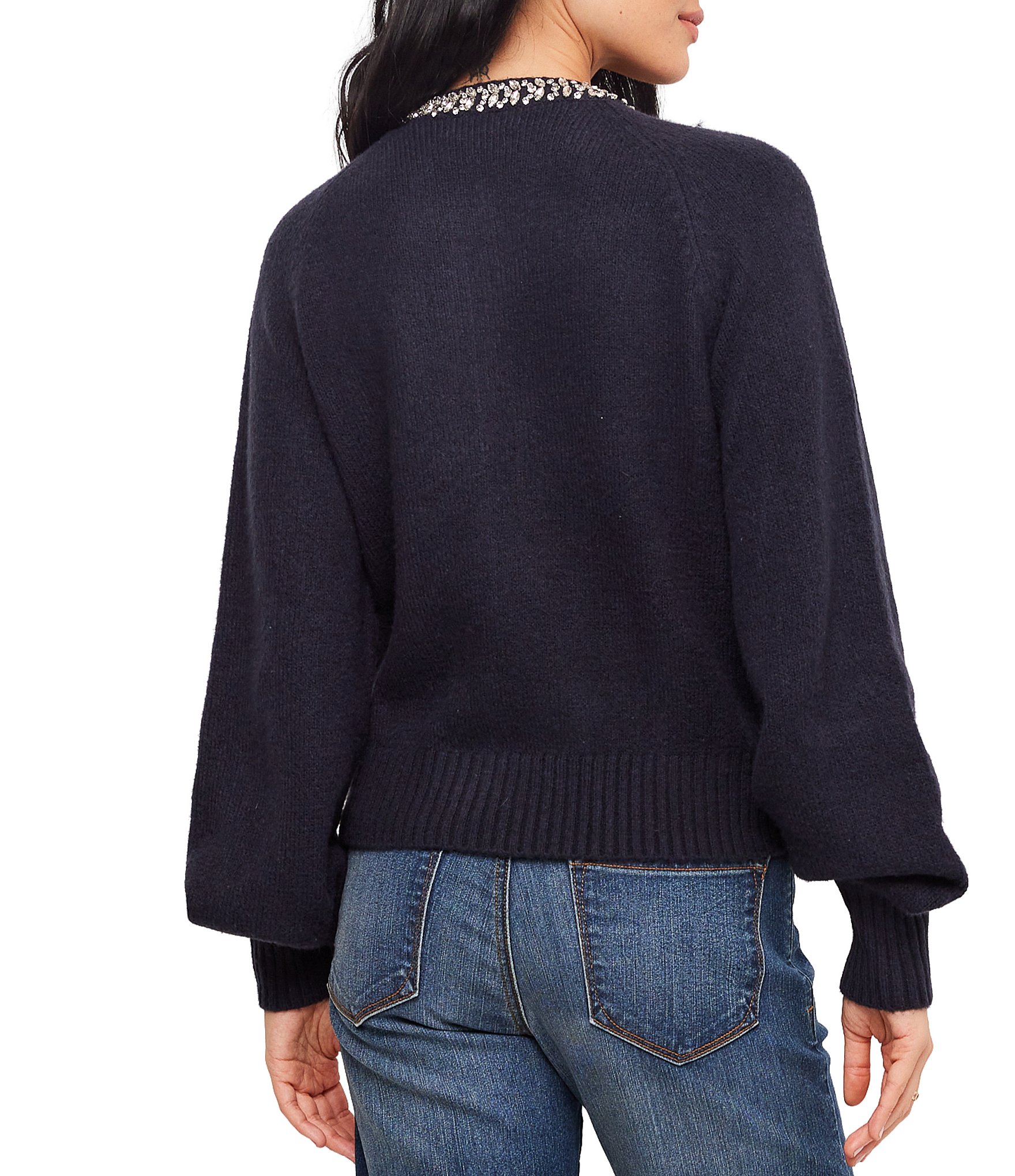 Karen Kane Embellished Crew Neck Long Sleeve Button Front Cardigan