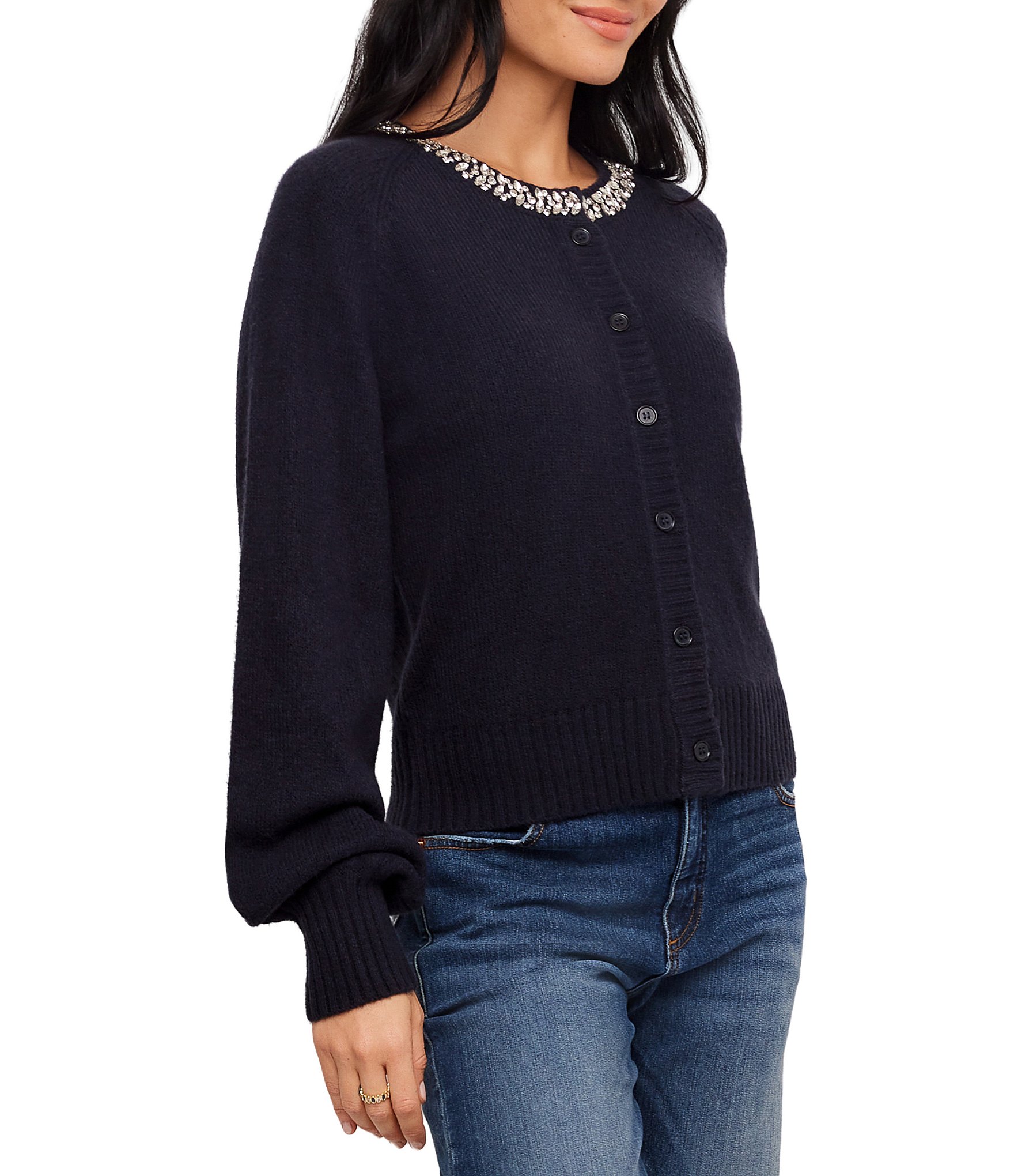 Karen Kane Embellished Crew Neck Long Sleeve Button Front Cardigan