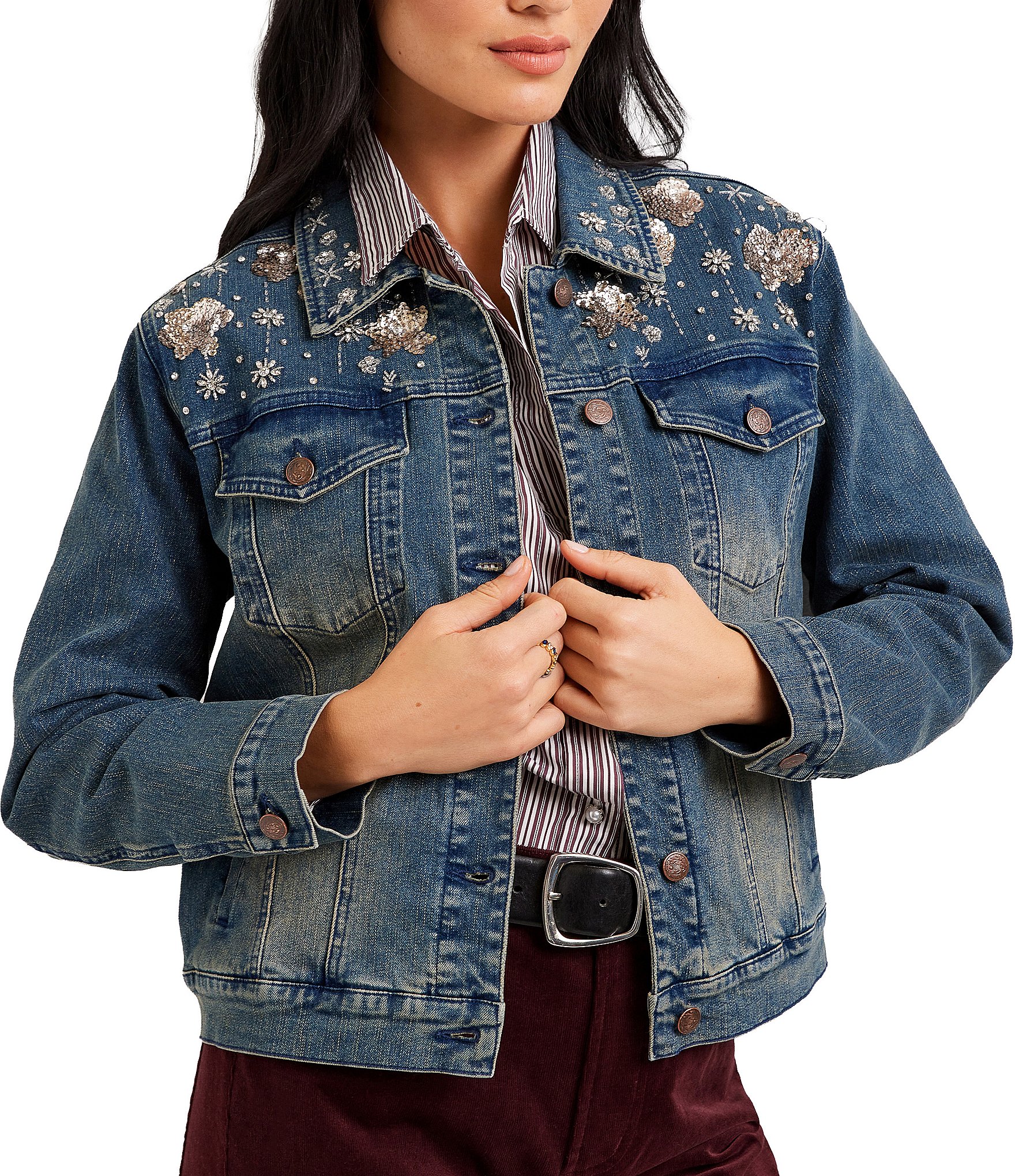 Karen Kane Embellished Denim Point Collar Long Sleeve Jacket