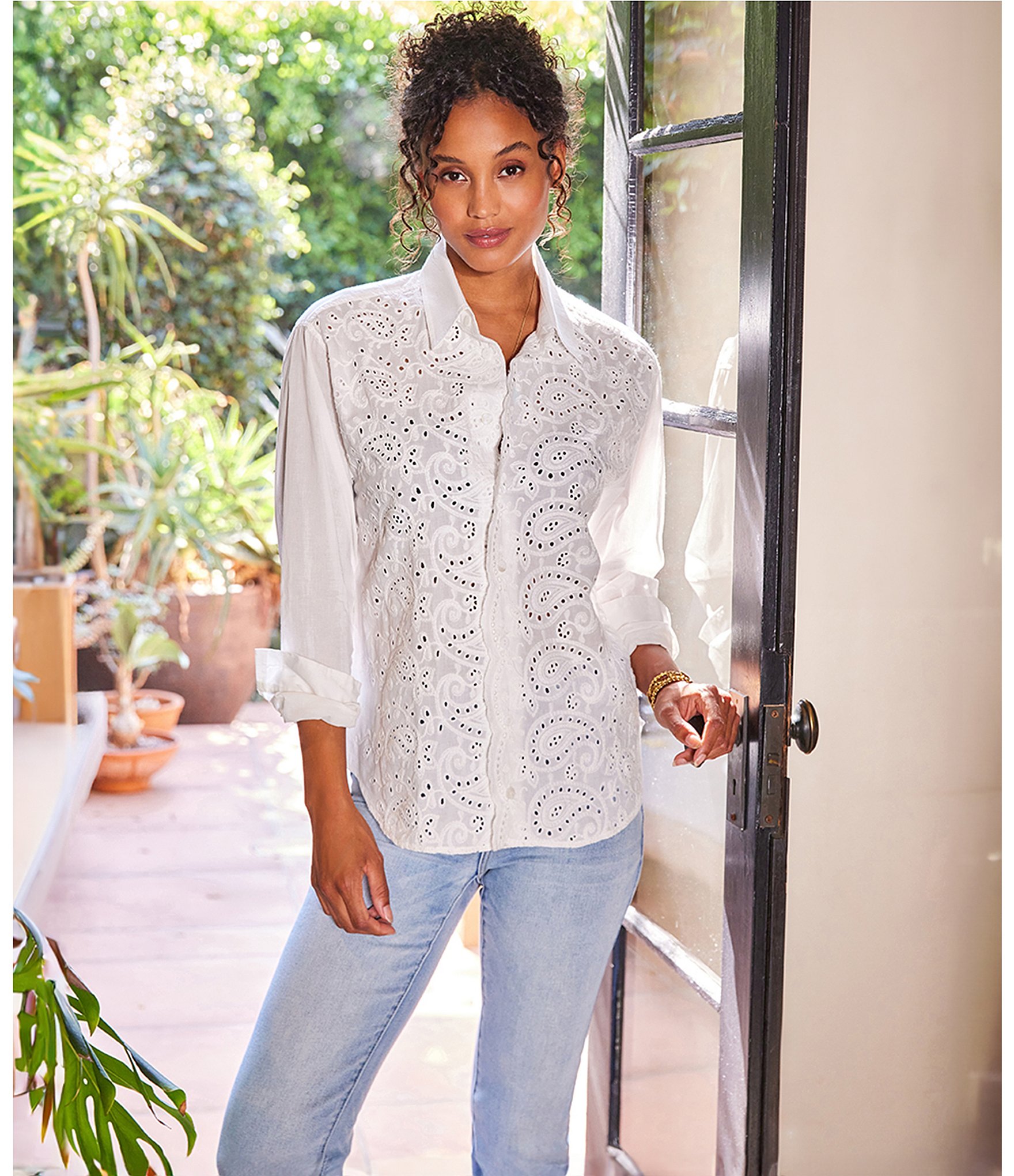 Karen Kane Embroidered Paisley Button Front Long Sleeve Shirt