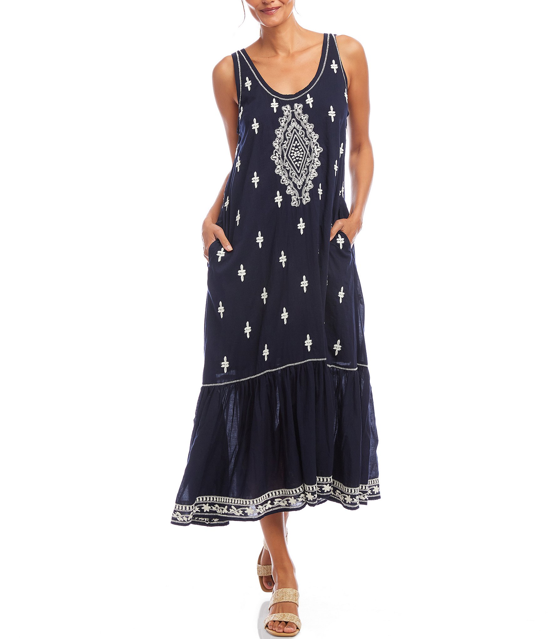 Karen Kane Embroidered Scoop Neck Sleeveless Midi Dress