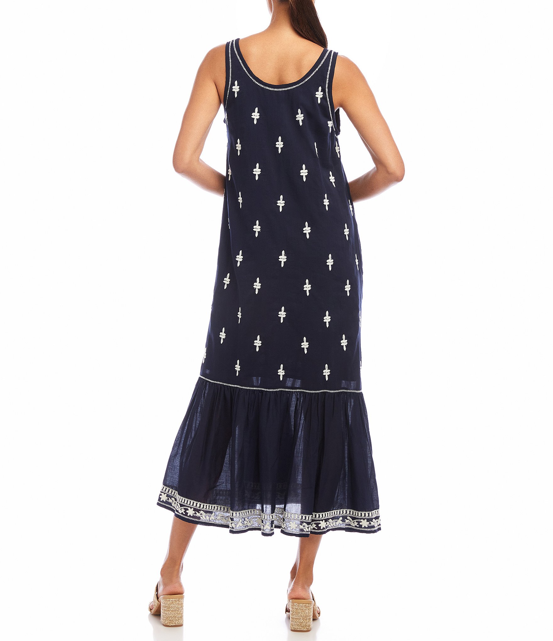 Karen Kane Embroidered Scoop Neck Sleeveless Midi Dress