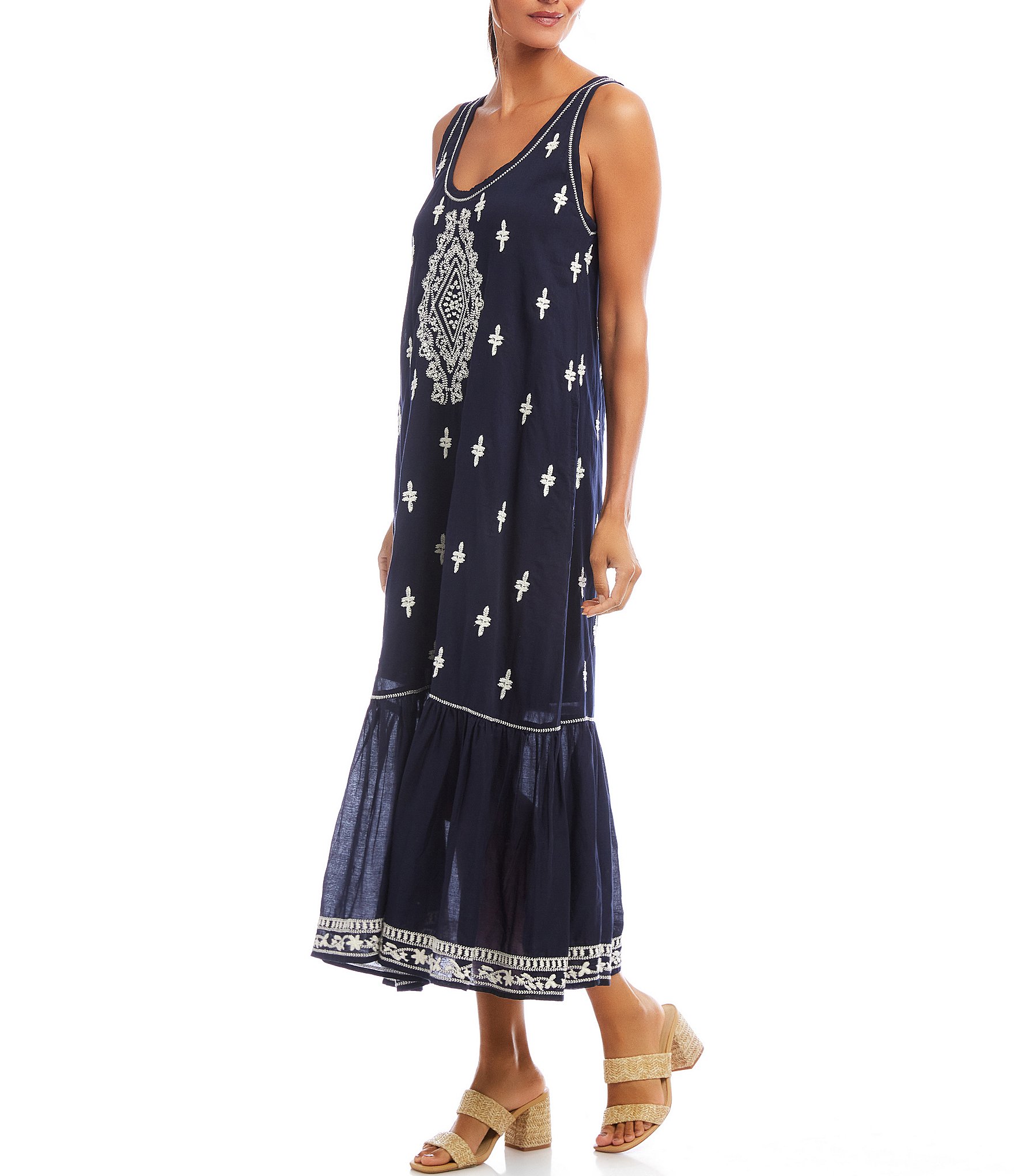Karen Kane Embroidered Scoop Neck Sleeveless Midi Dress