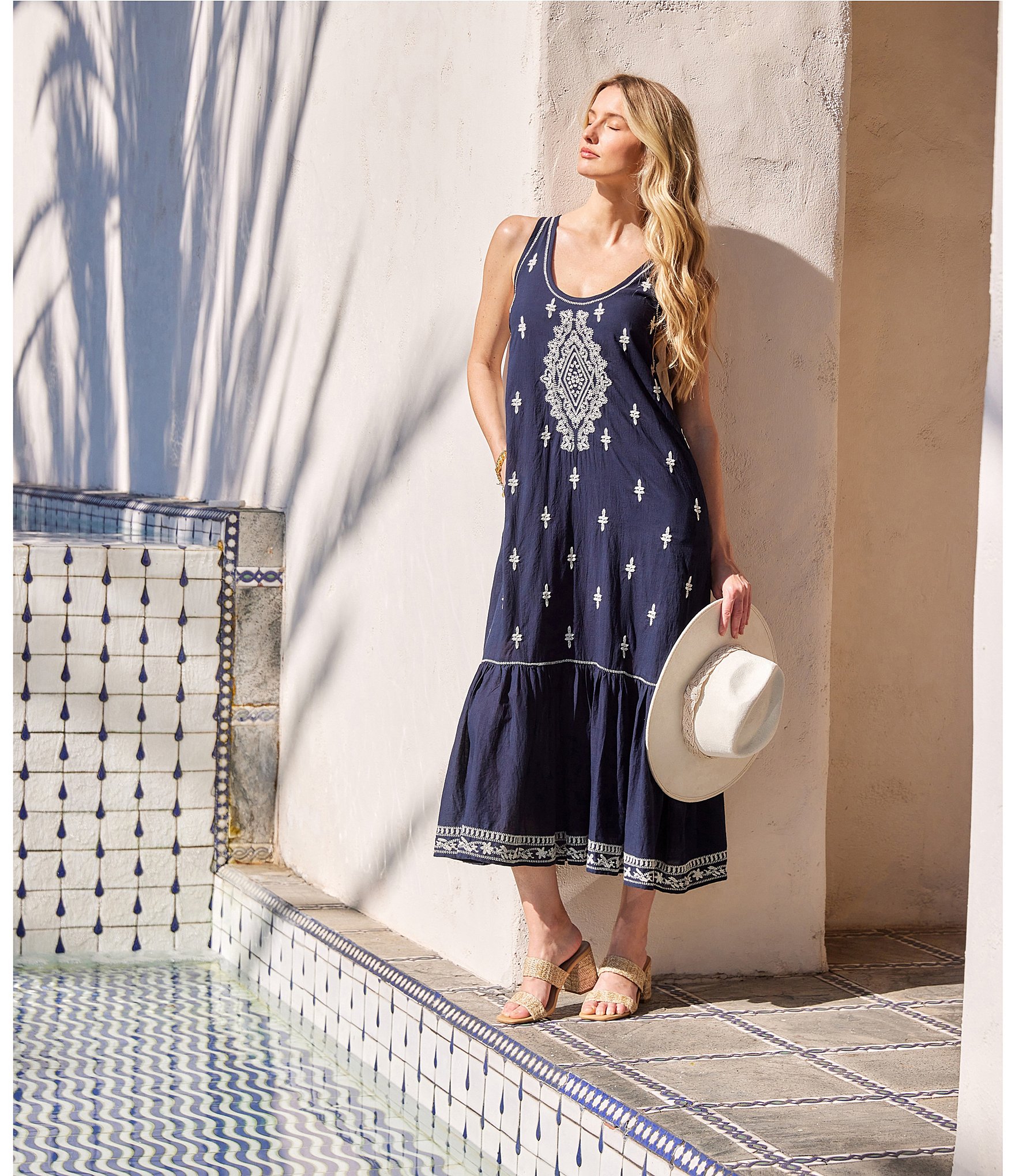 Karen Kane Embroidered Scoop Neck Sleeveless Midi Dress