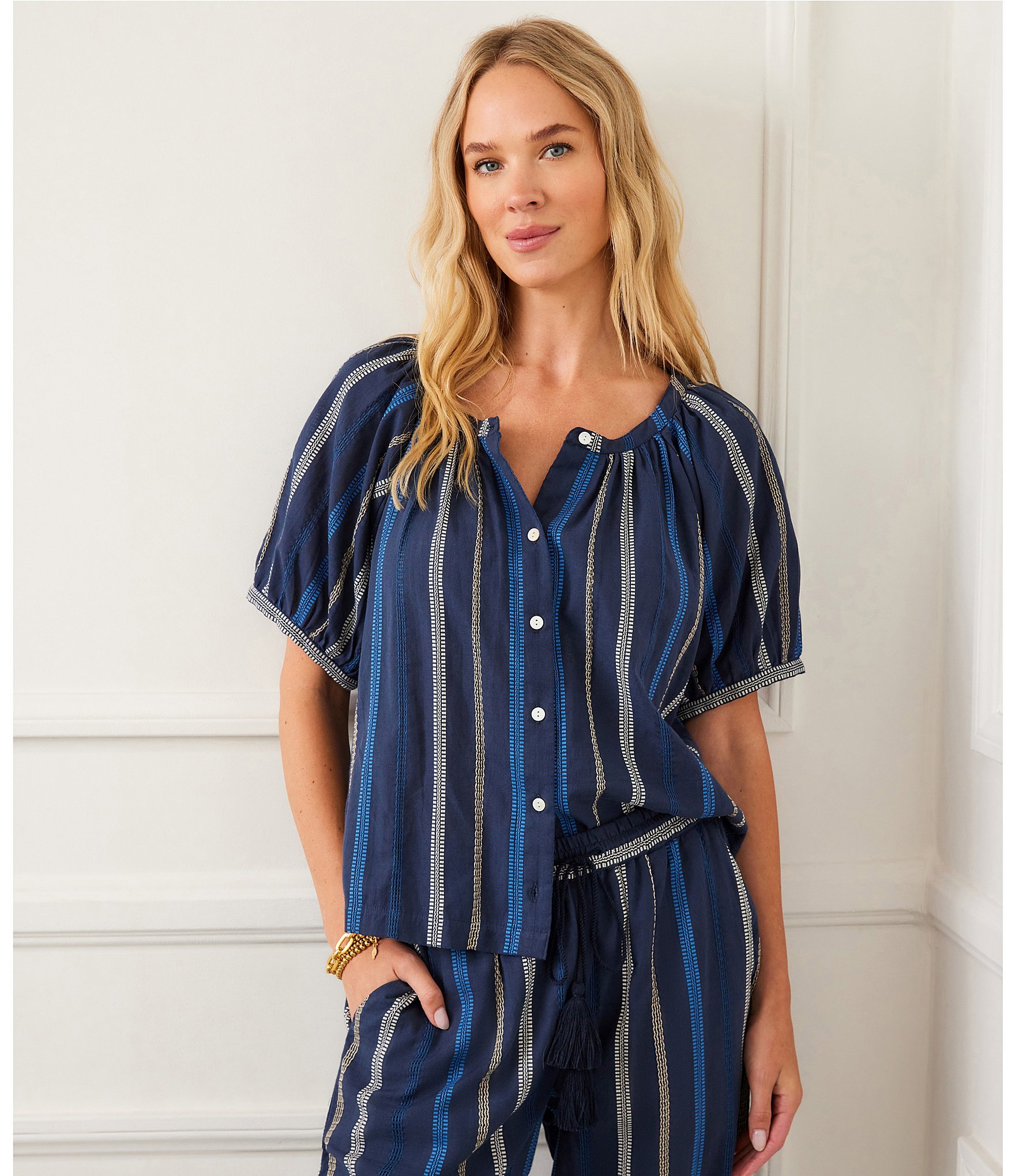 Karen Kane Embroidered Short Puff Sleeve Button Front Coordinating Top