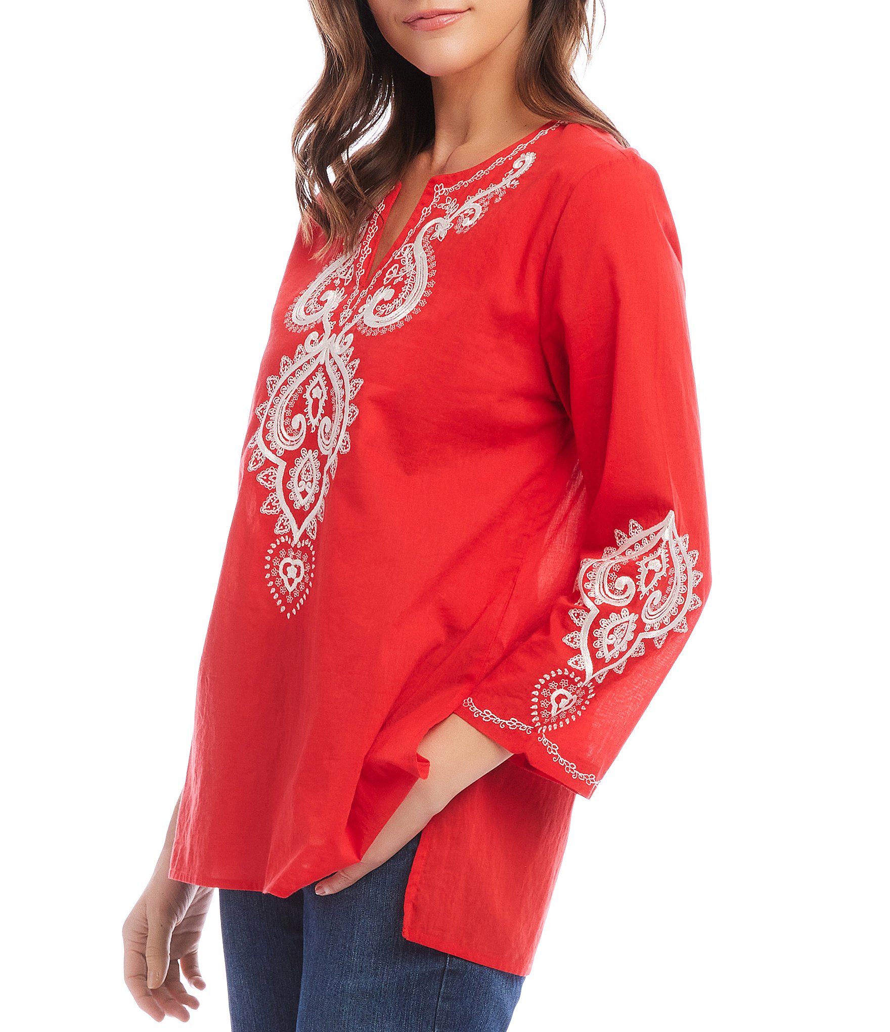 Karen Kane Embroidered V-Neck 3/4 Sleeve Tunic