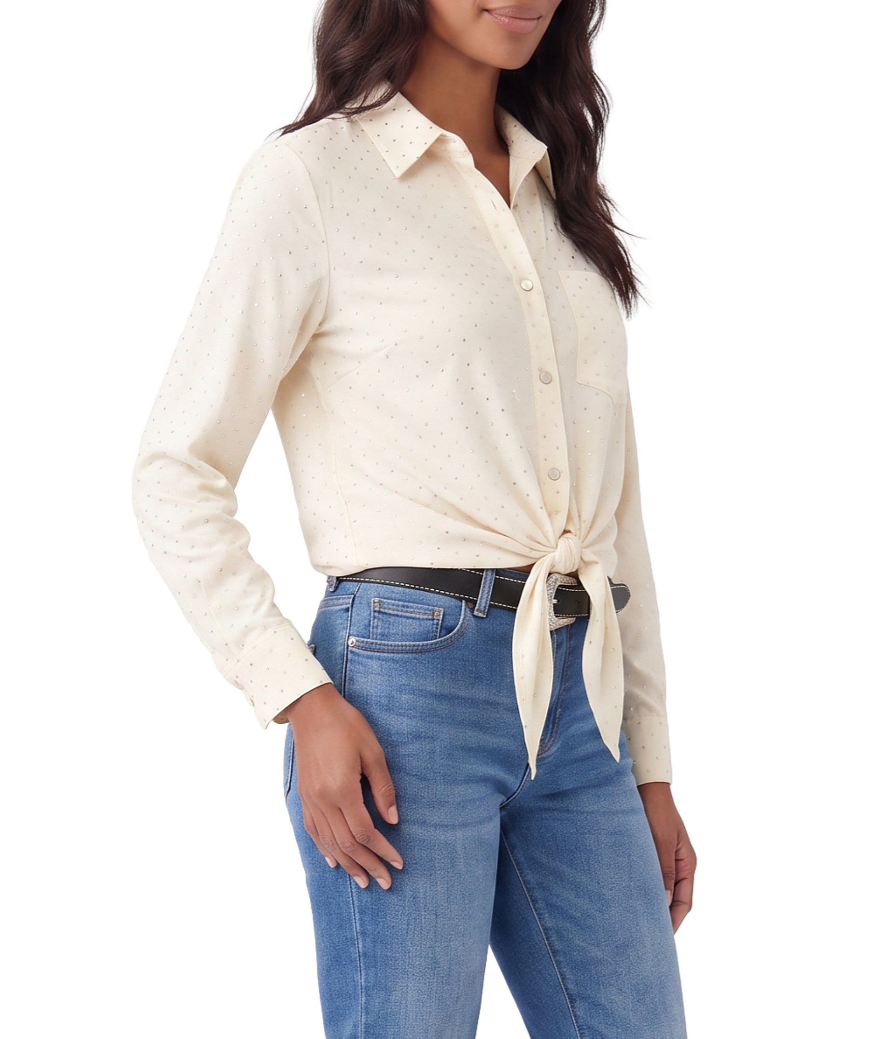 Karen Kane Faux Suede Long Sleeve Embellished Tie-Front Top