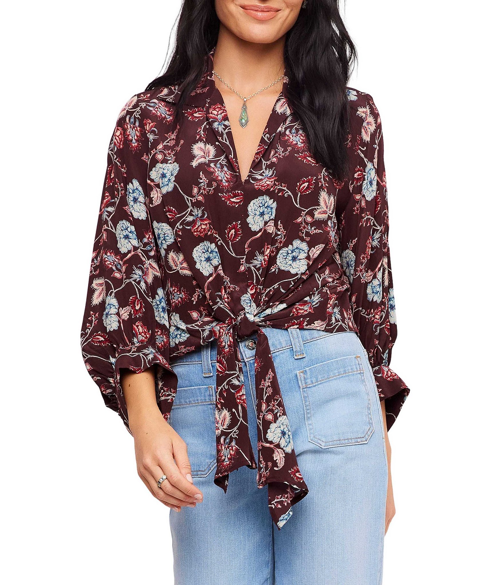 Karen Kane Floral Blouson Sleeve Tie-Front Top