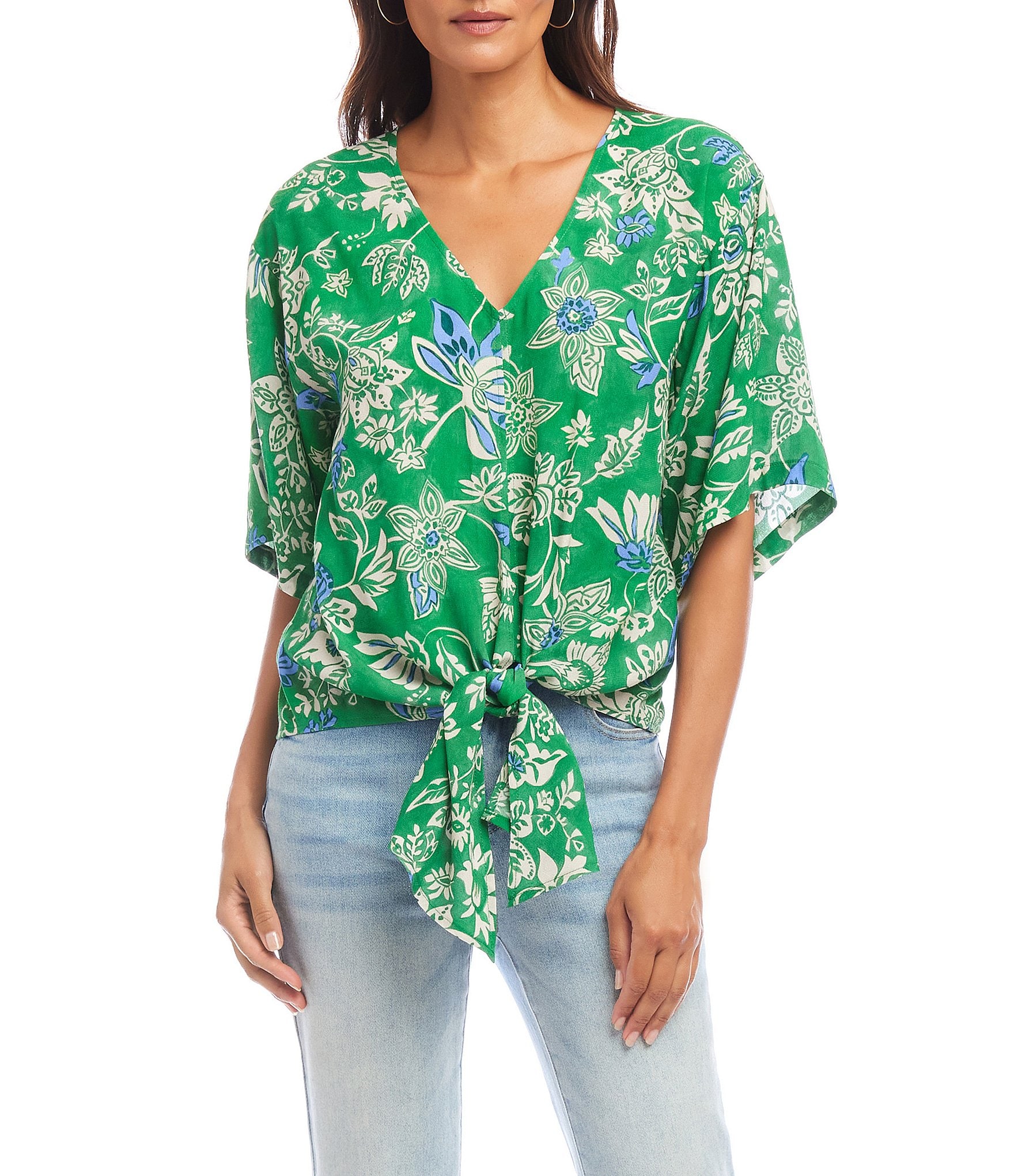 Karen Kane Floral V-Neck Short Sleeve Tie-Front Top