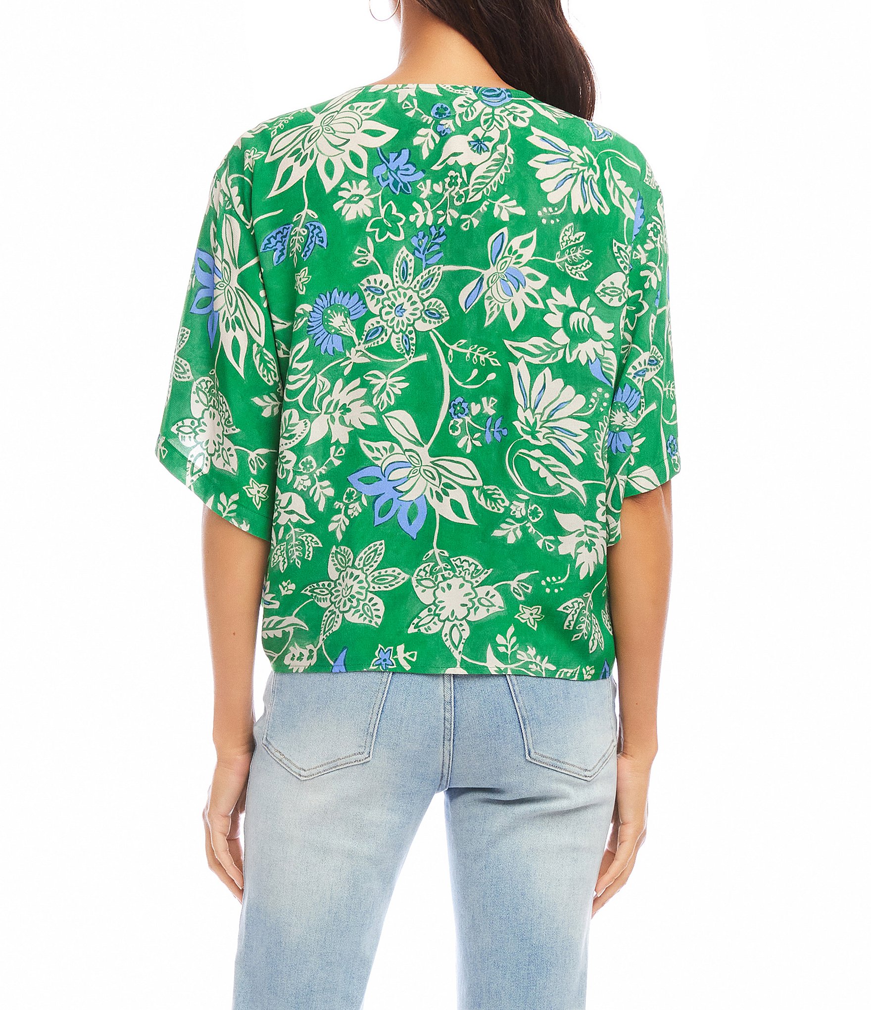 Karen Kane Floral V-Neck Short Sleeve Tie-Front Top