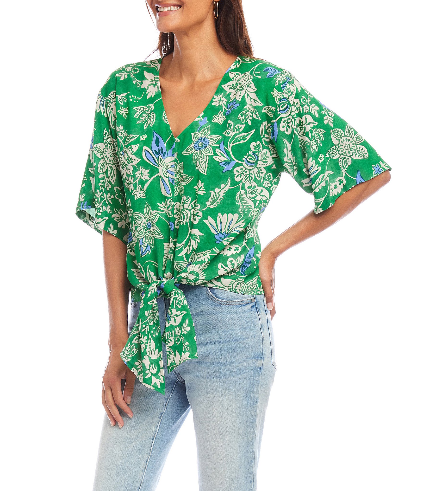 Karen Kane Floral V-Neck Short Sleeve Tie-Front Top