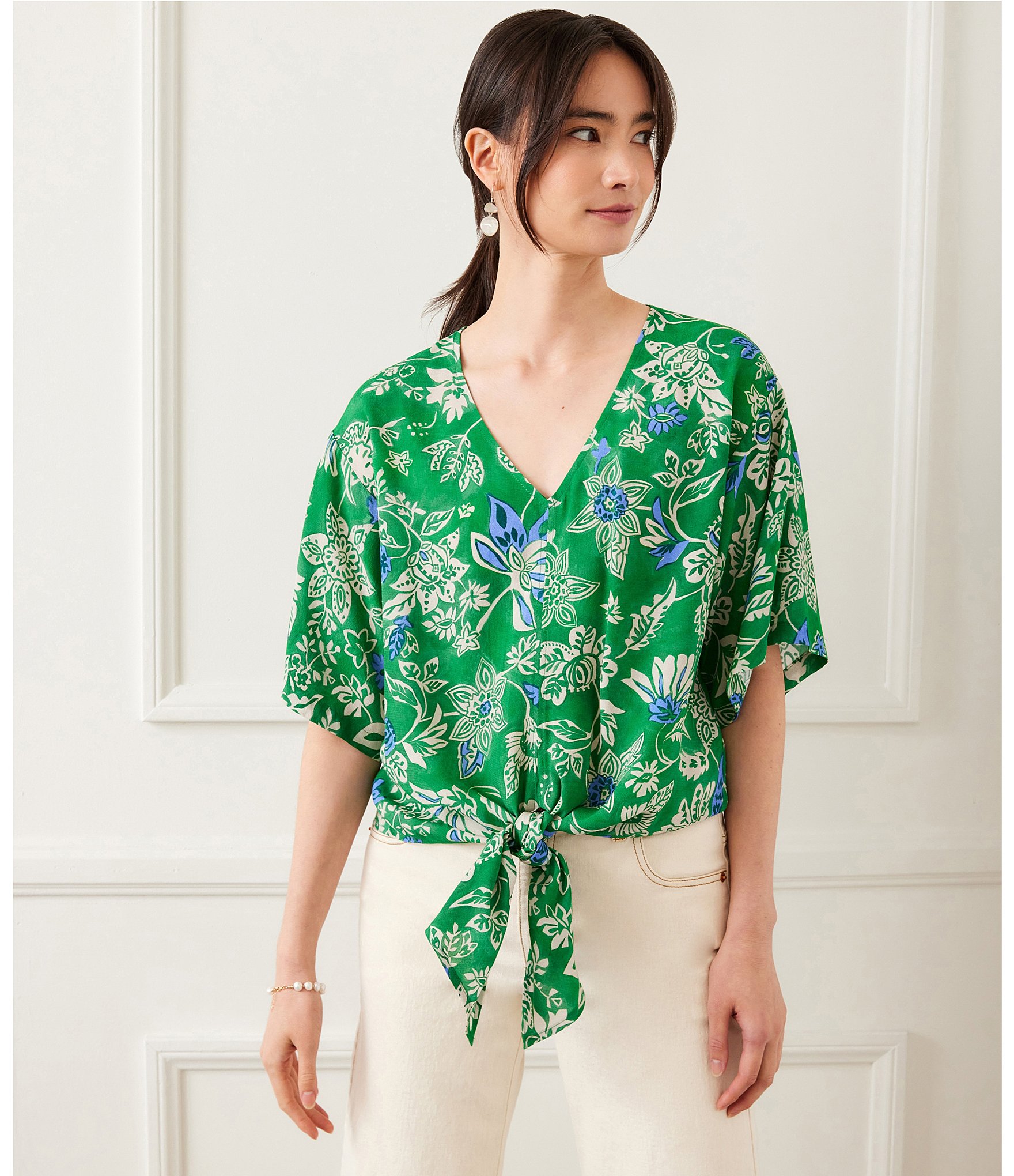 Karen Kane Floral V-Neck Short Sleeve Tie-Front Top