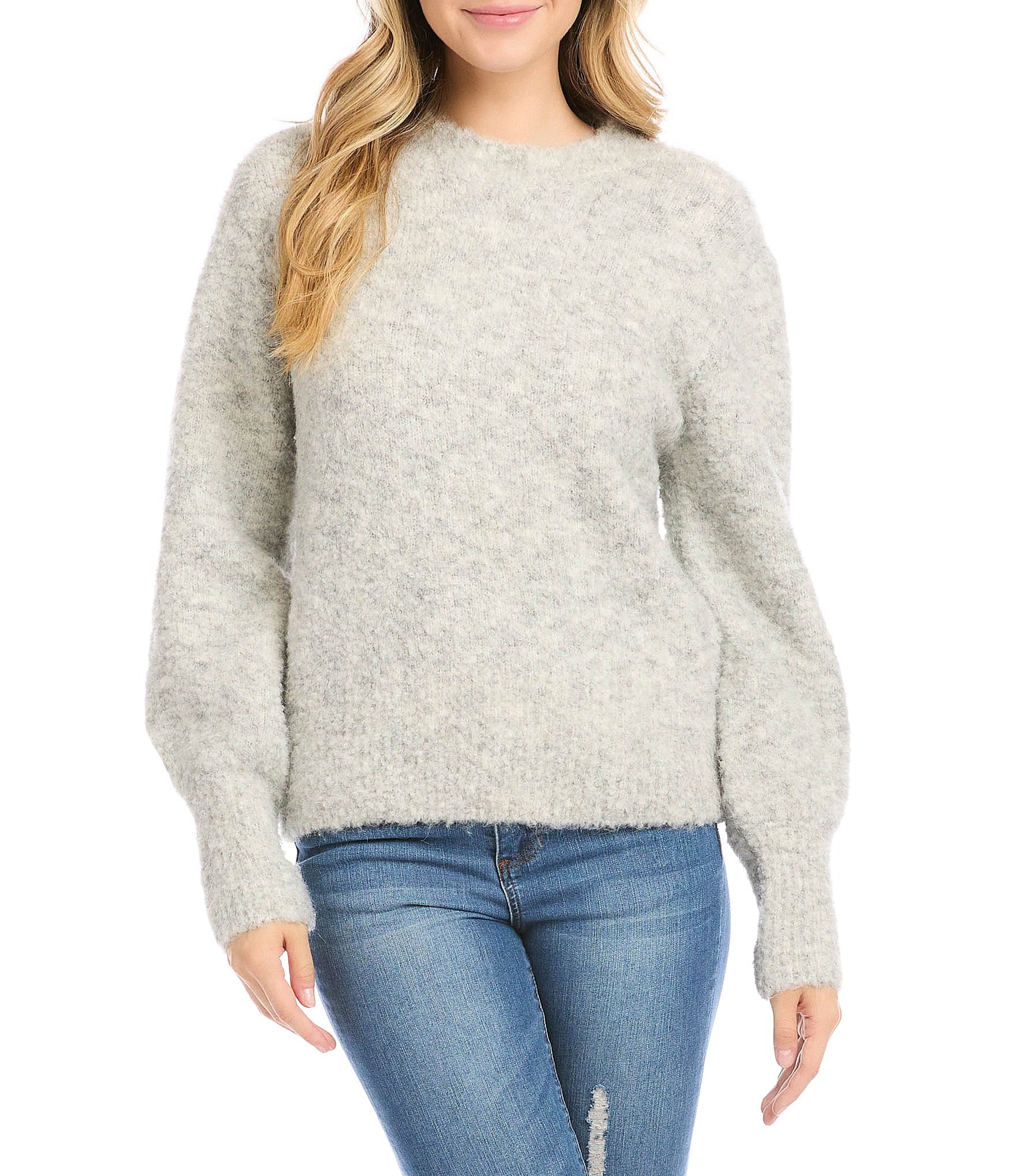 Karen Kane Fuzzy Plush Knit Crew Neck Blouson Sleeve Sweater | Dillard's