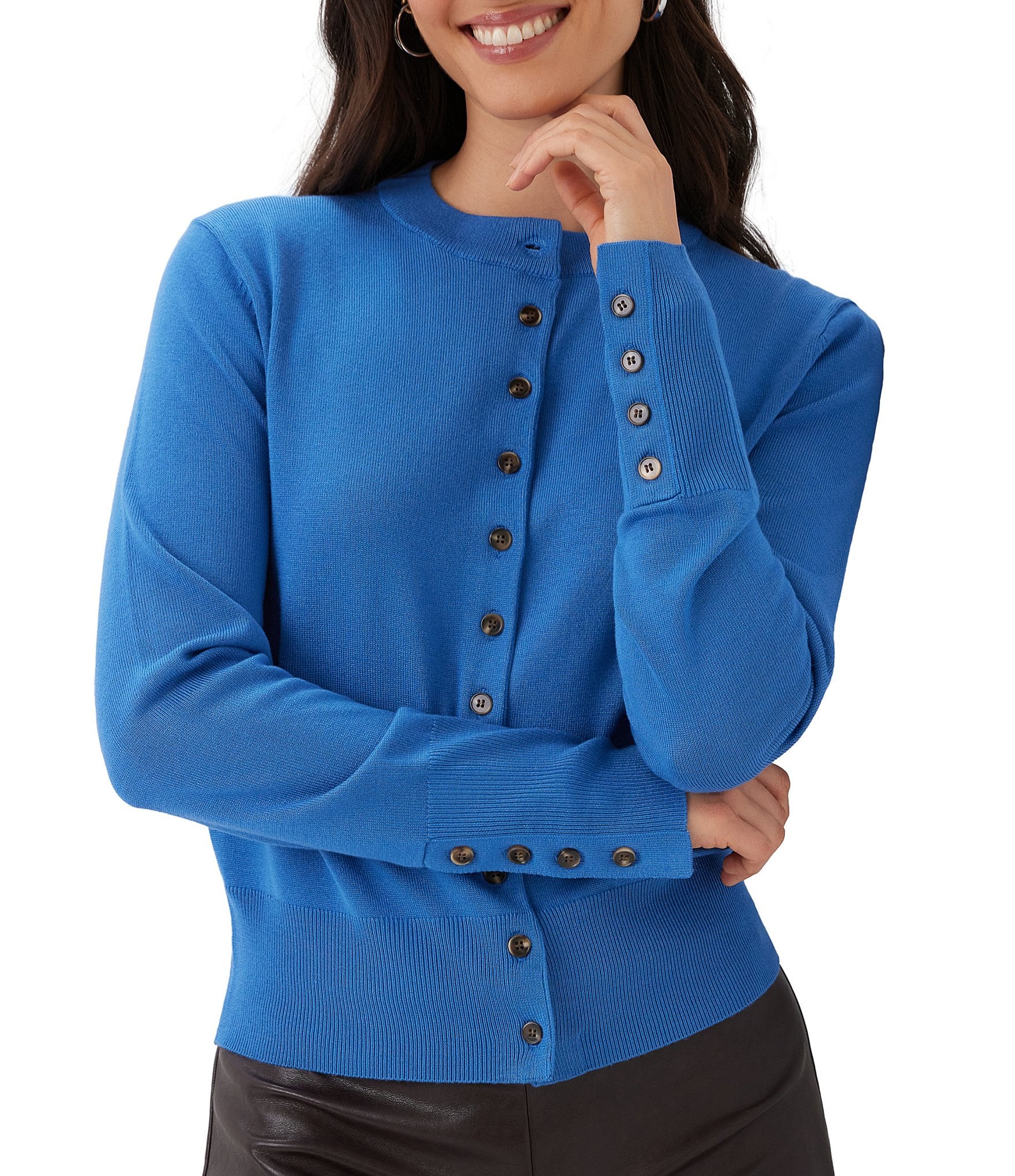 Karen Kane Knit Crew Neck Long Sleeve Button Front Cardigan