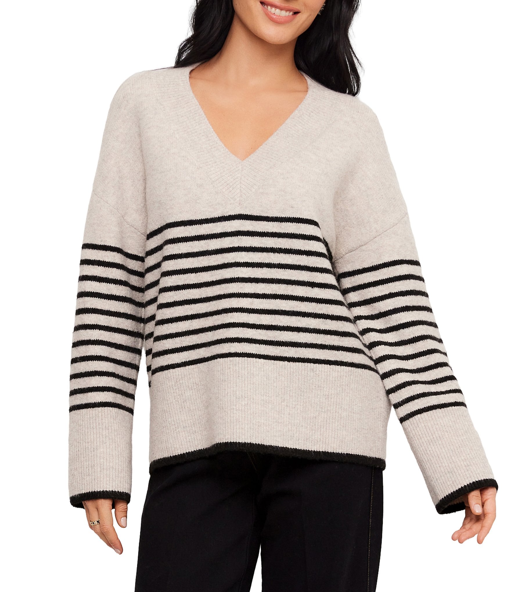 Karen Kane Knit Stripe V-Neck Long Sleeve Top