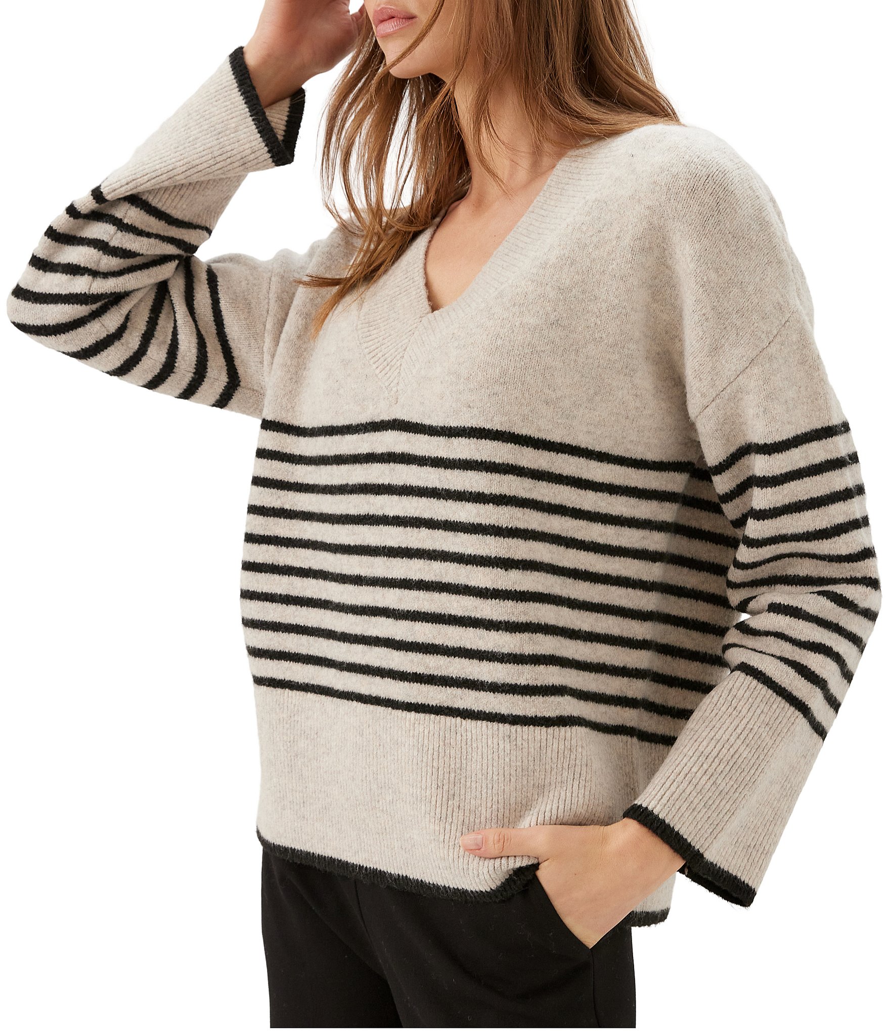 Karen Kane Knit Stripe V-Neck Long Sleeve Top