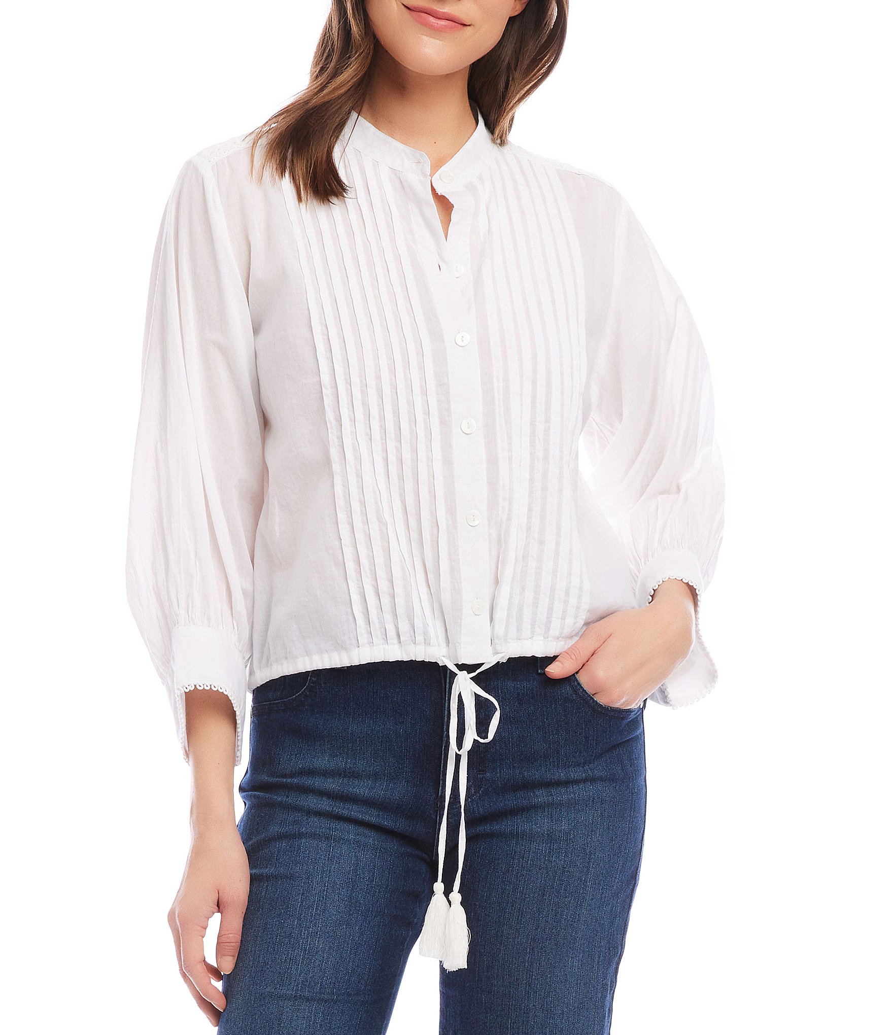 Karen Kane Lace Trim Drawstring Tassel Mandarin Collar Bishop Sleeves ...
