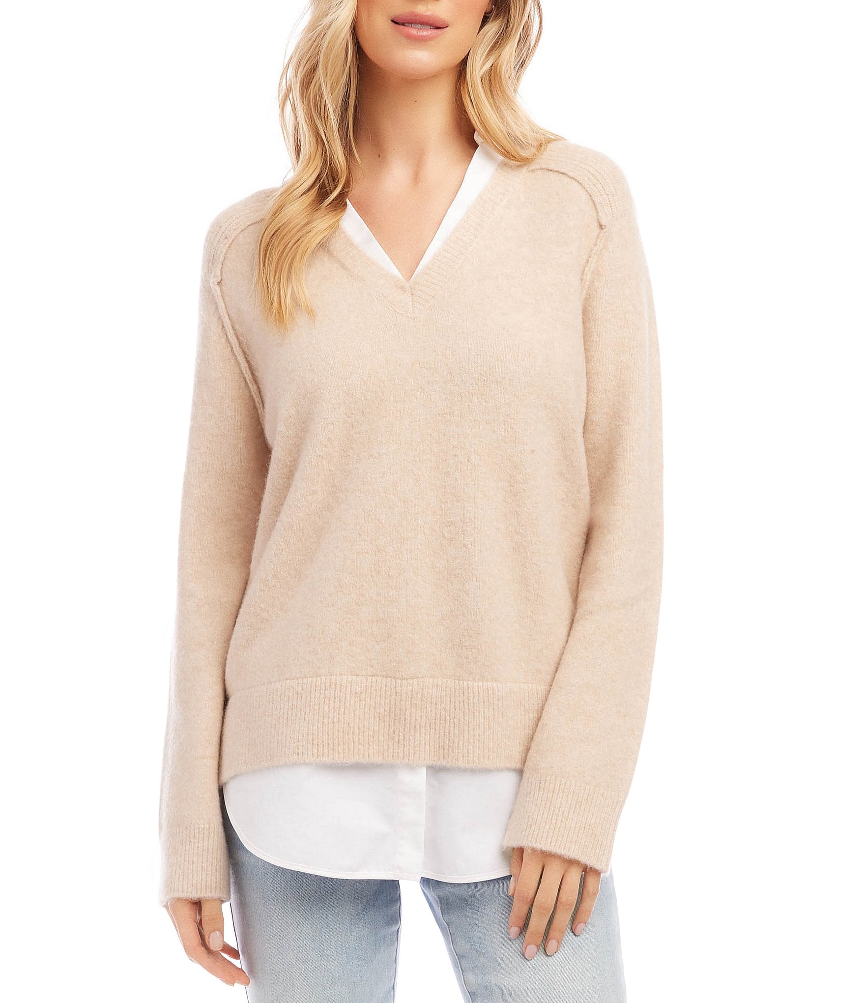 Karen Kane Layered Knit Point Collar V-Neck Long Sleeve Contrasting Ribbed Knit Sweater Top ...