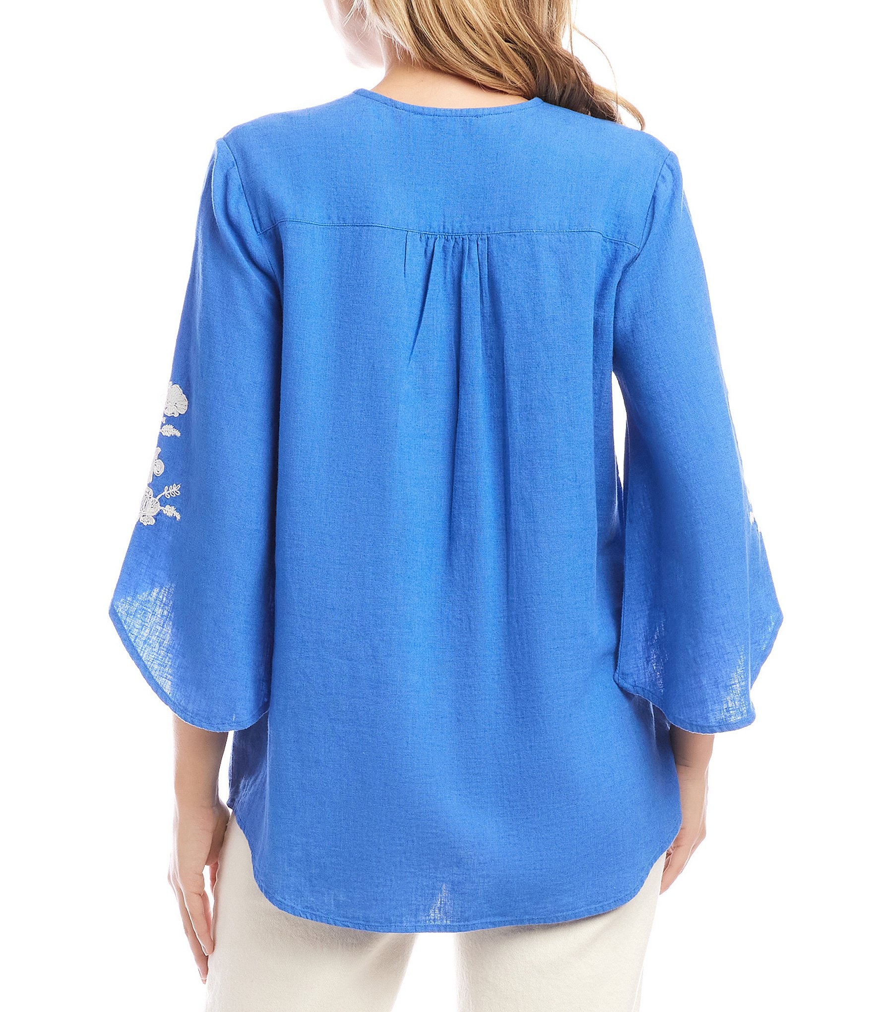 Karen Kane Linen Blend Bracelet Sleeve Embroidered Asymmetric Top