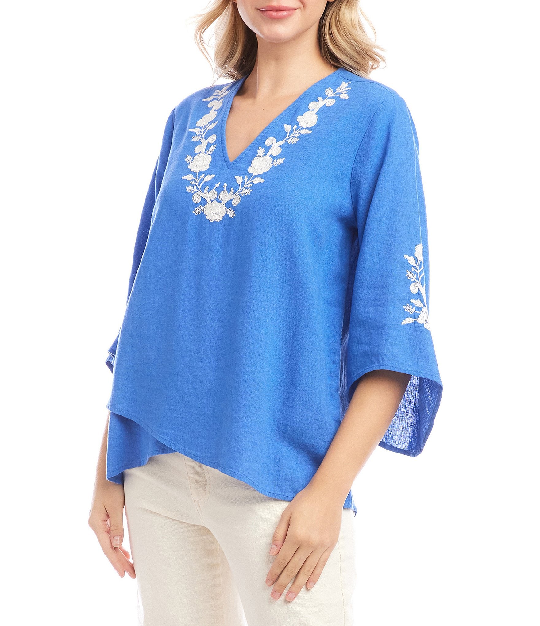 Karen Kane Linen Blend Bracelet Sleeve Embroidered Asymmetric Top