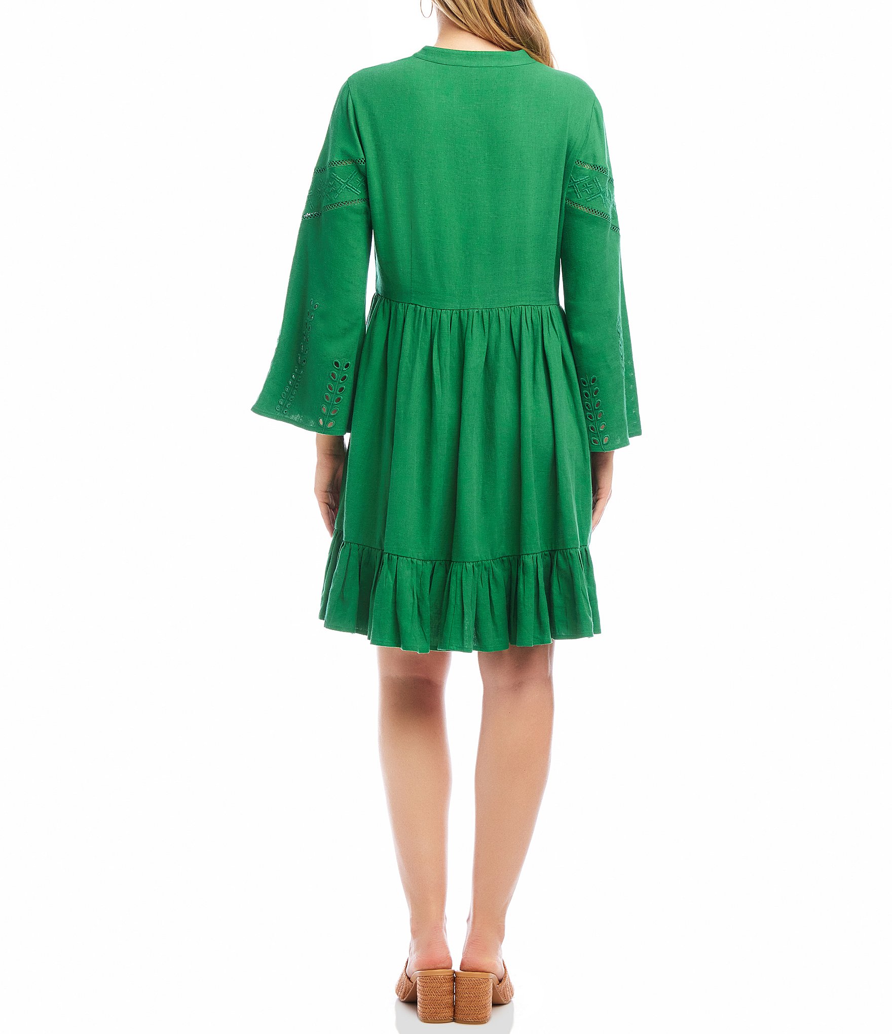 Karen Kane Linen Blend Flare Sleeve Embroidered Tiered Dress