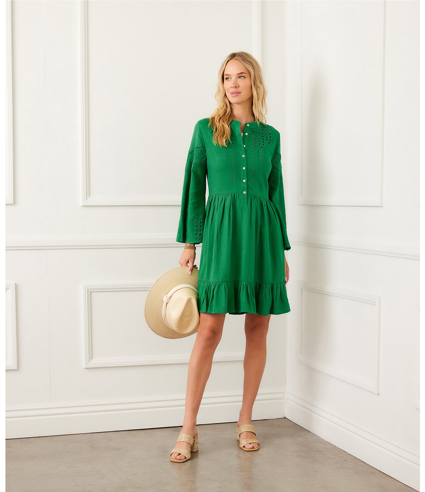 Karen Kane Linen Blend Flare Sleeve Embroidered Tiered Dress