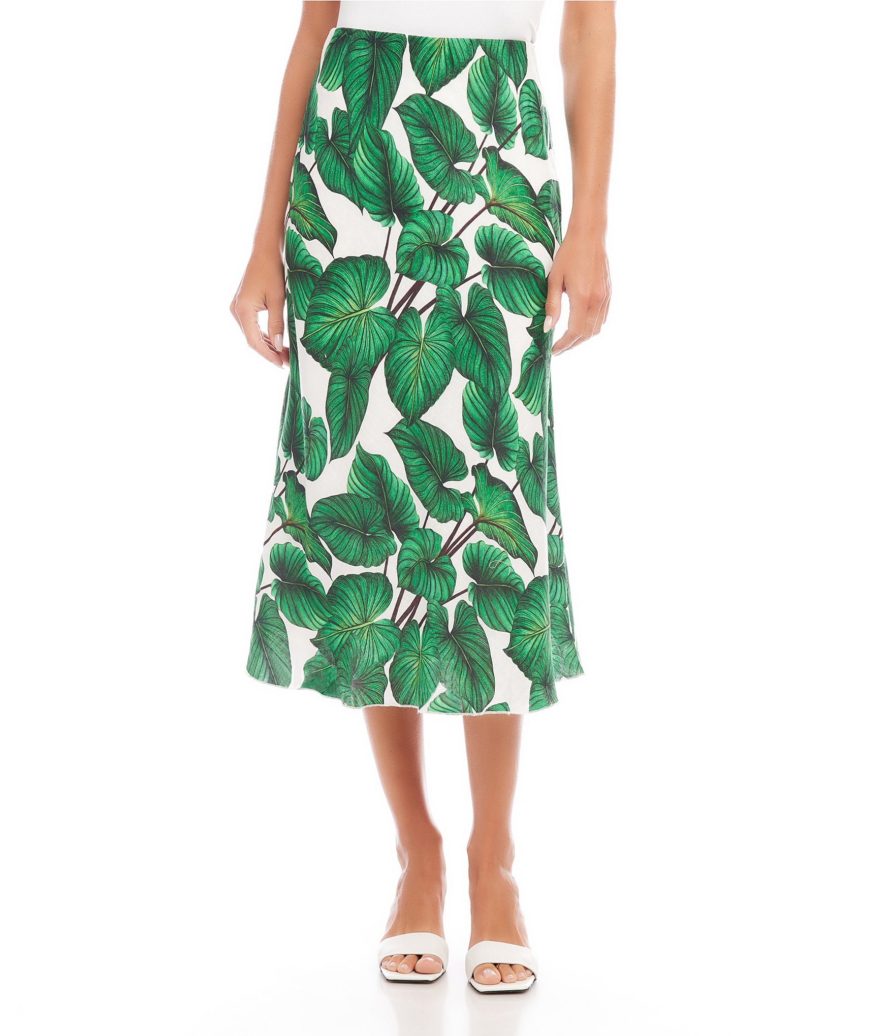Karen Kane Linen Floral Leaf Print A-Line Bias Cut Midi Skirt | Dillard's