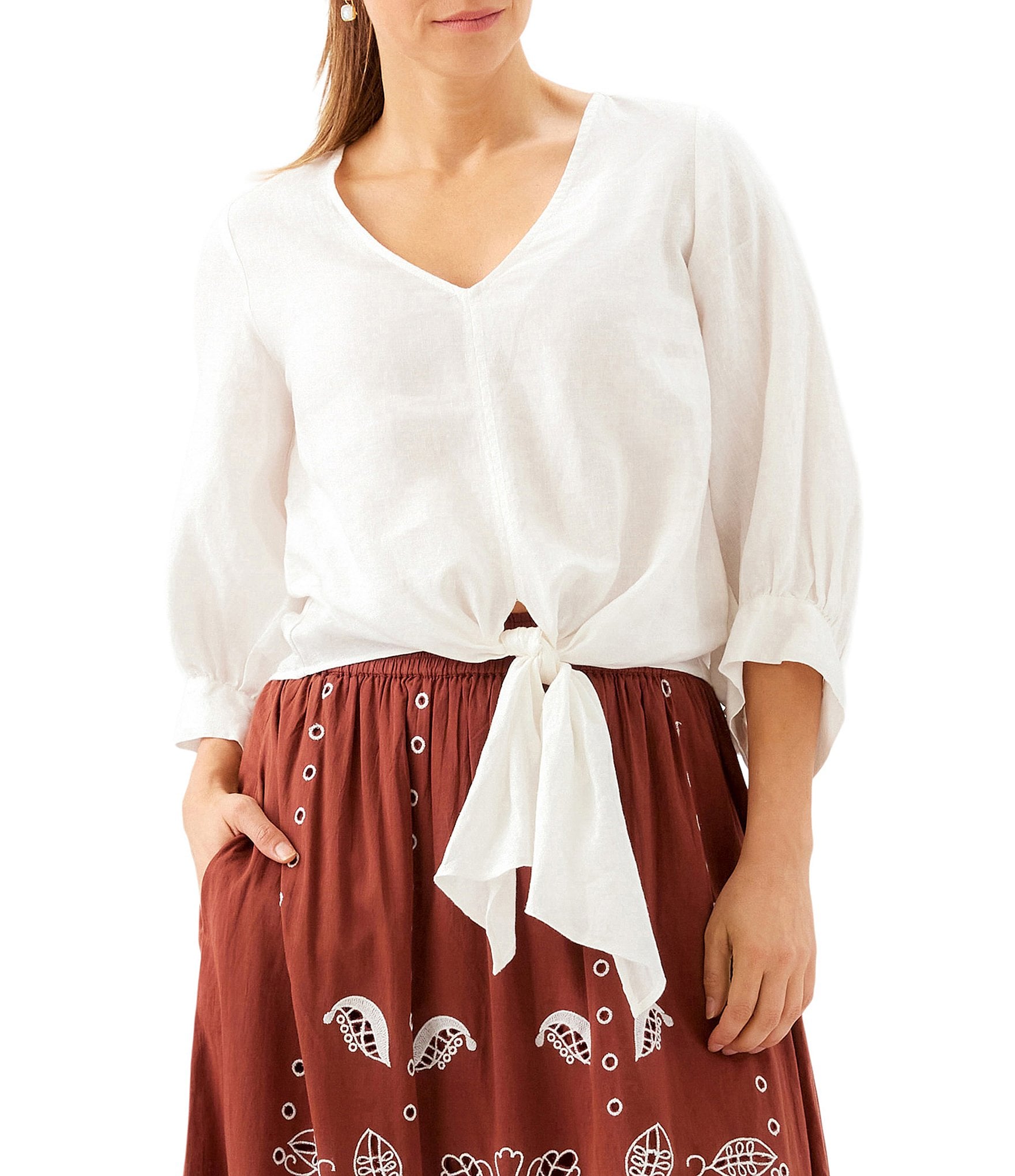 Karen Kane Linen V-Neck 3/4 Blouson Sleeve Tie Front Top
