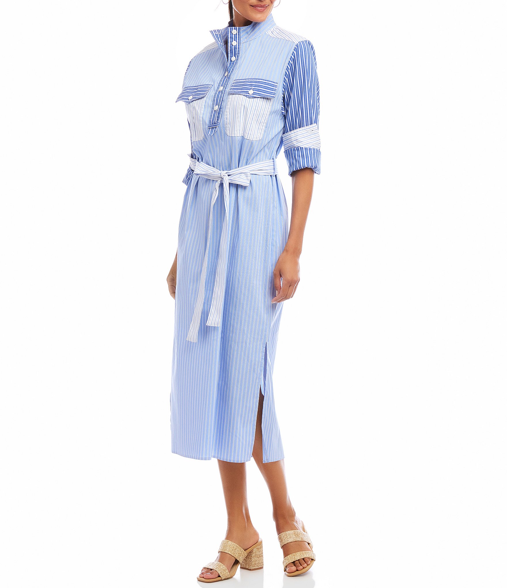Karen Kane Mixed Stripe Roll Sleeve Midi Shirtdress