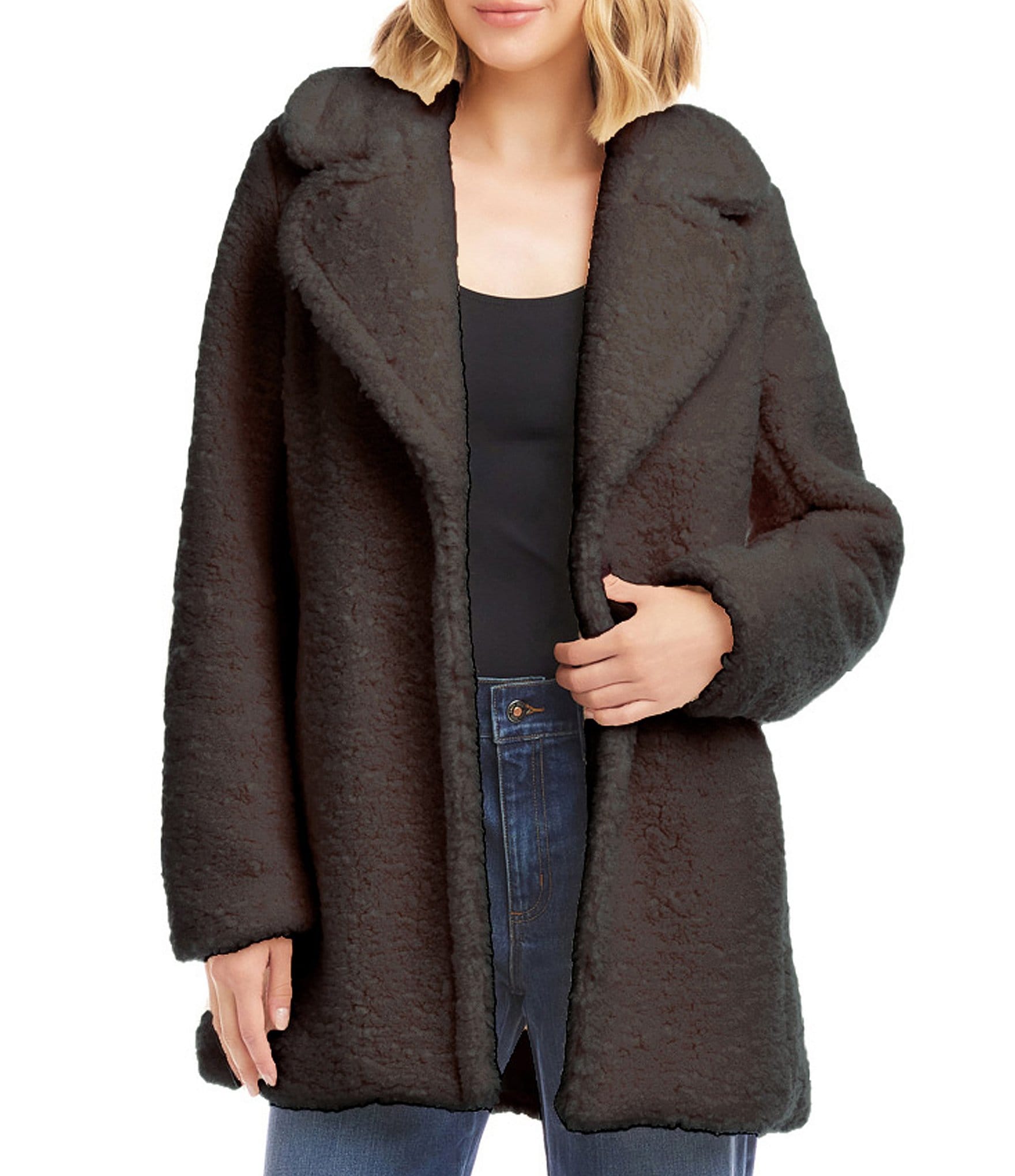 Karen Kane Notch Collar Long Sleeve Oversized Sherpa Coat