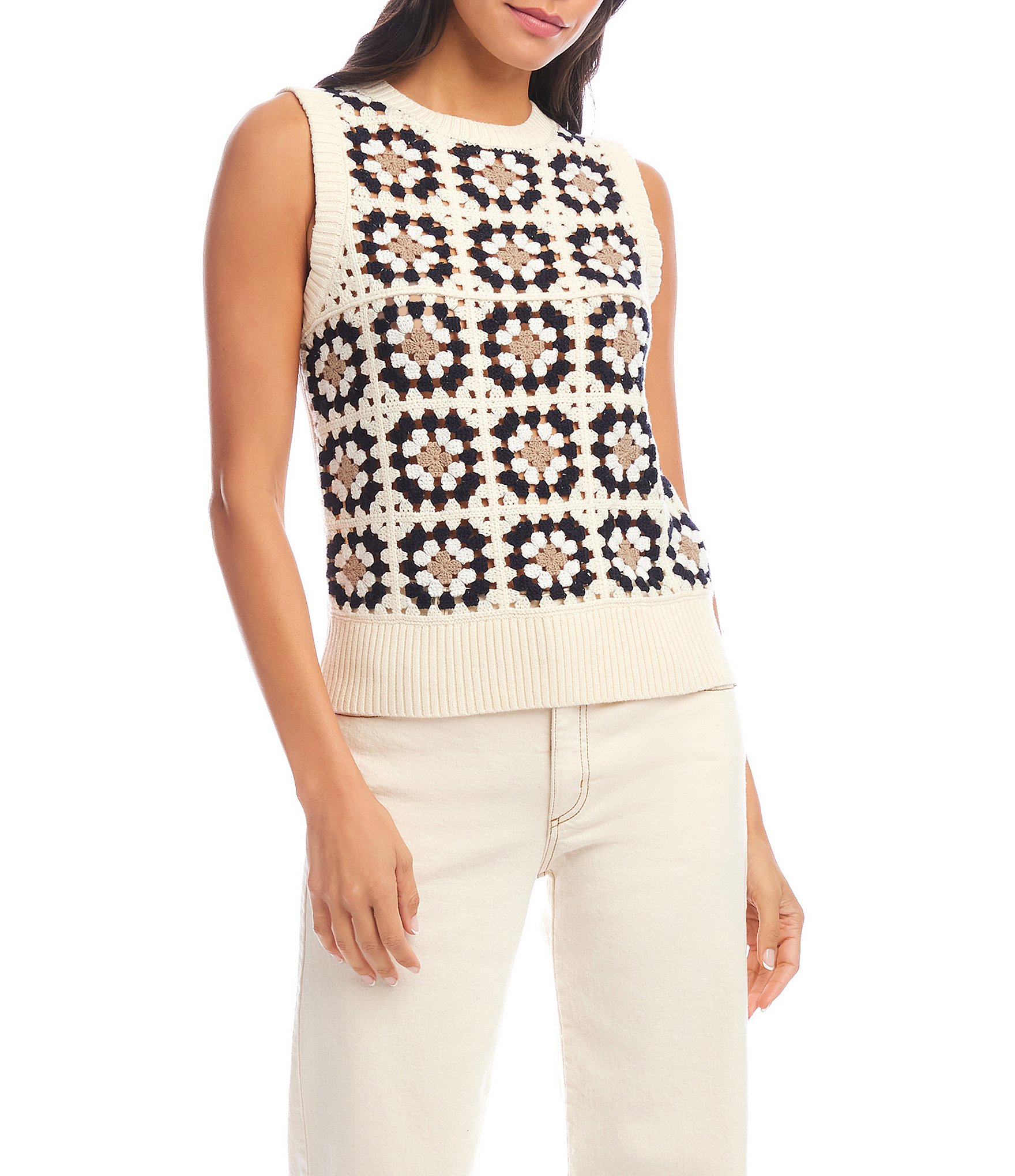 Karen Kane Patchwork Crochet Crew Neck Tank