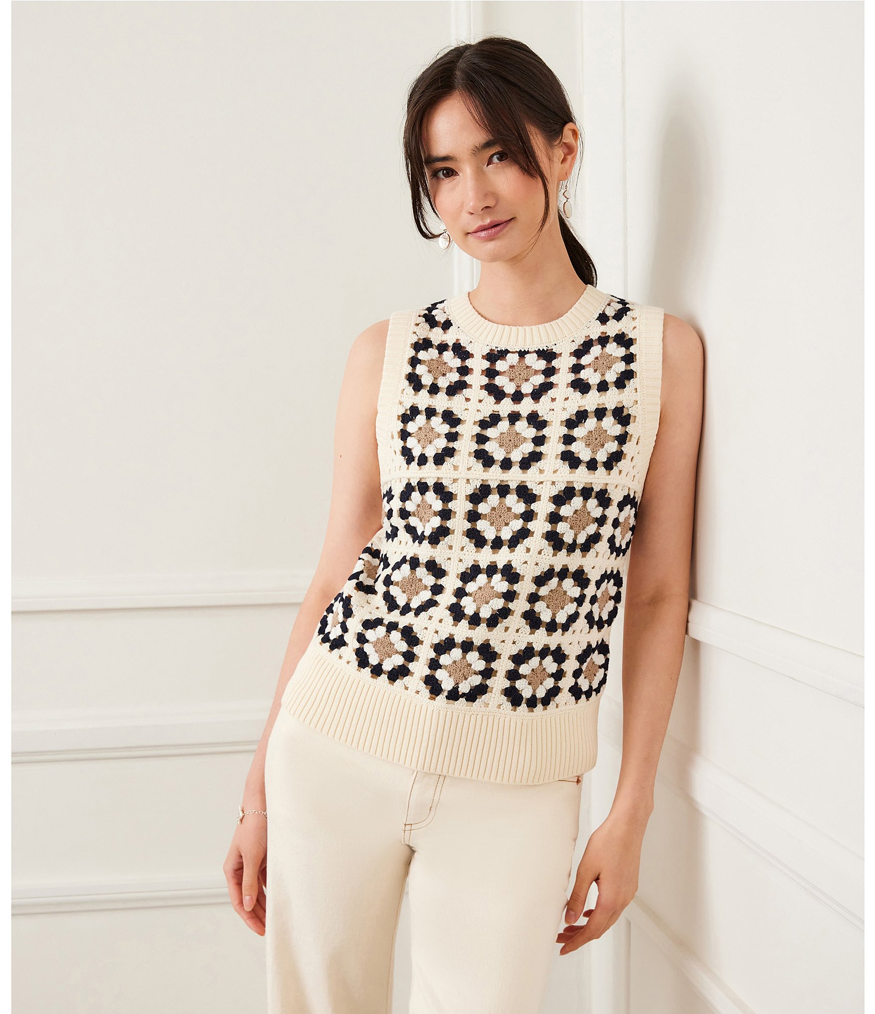 Karen Kane Patchwork Crochet Crew Neck Tank