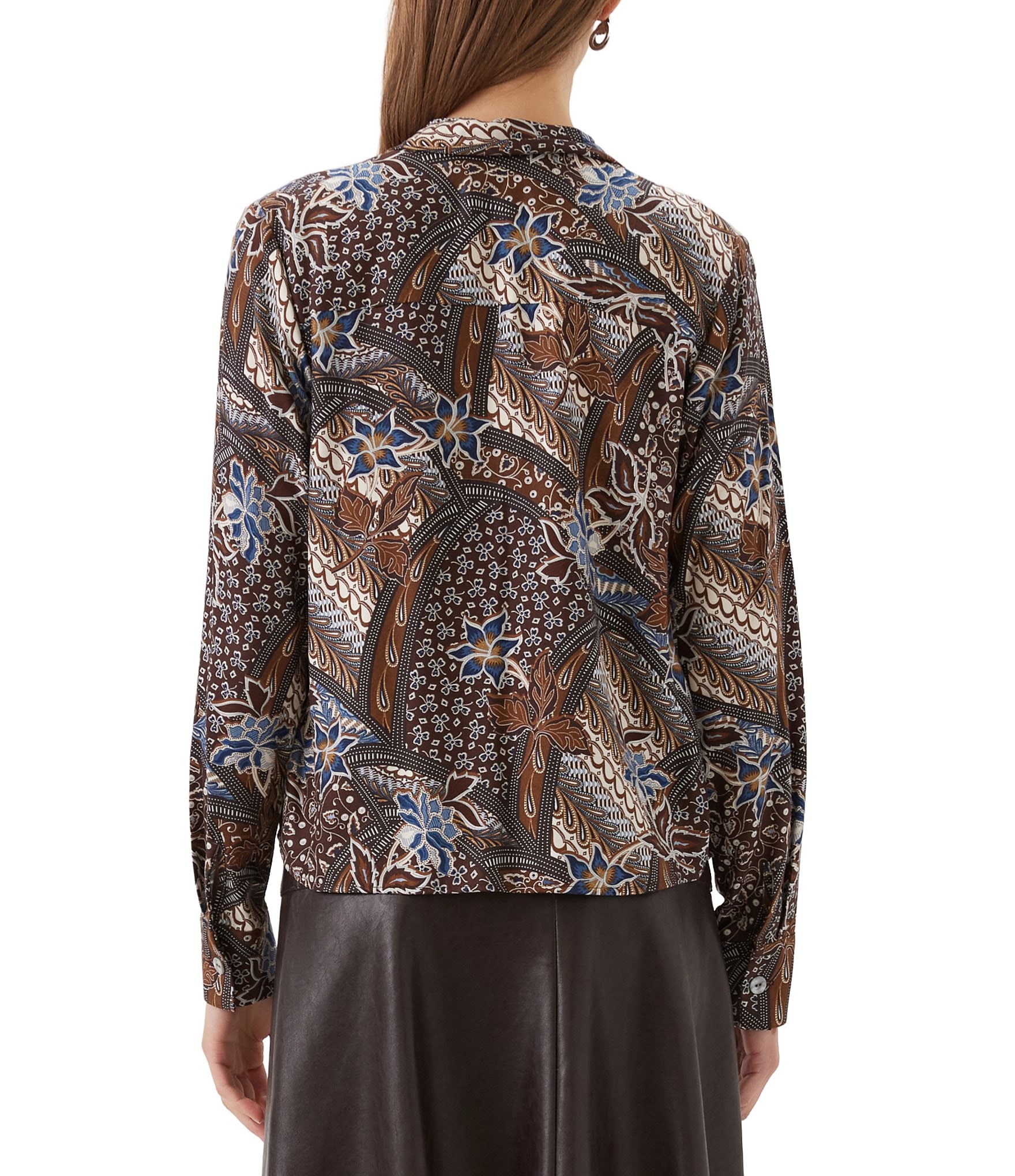 Karen Kane Patchwork Twill Bow Neck Long Sleeve Top