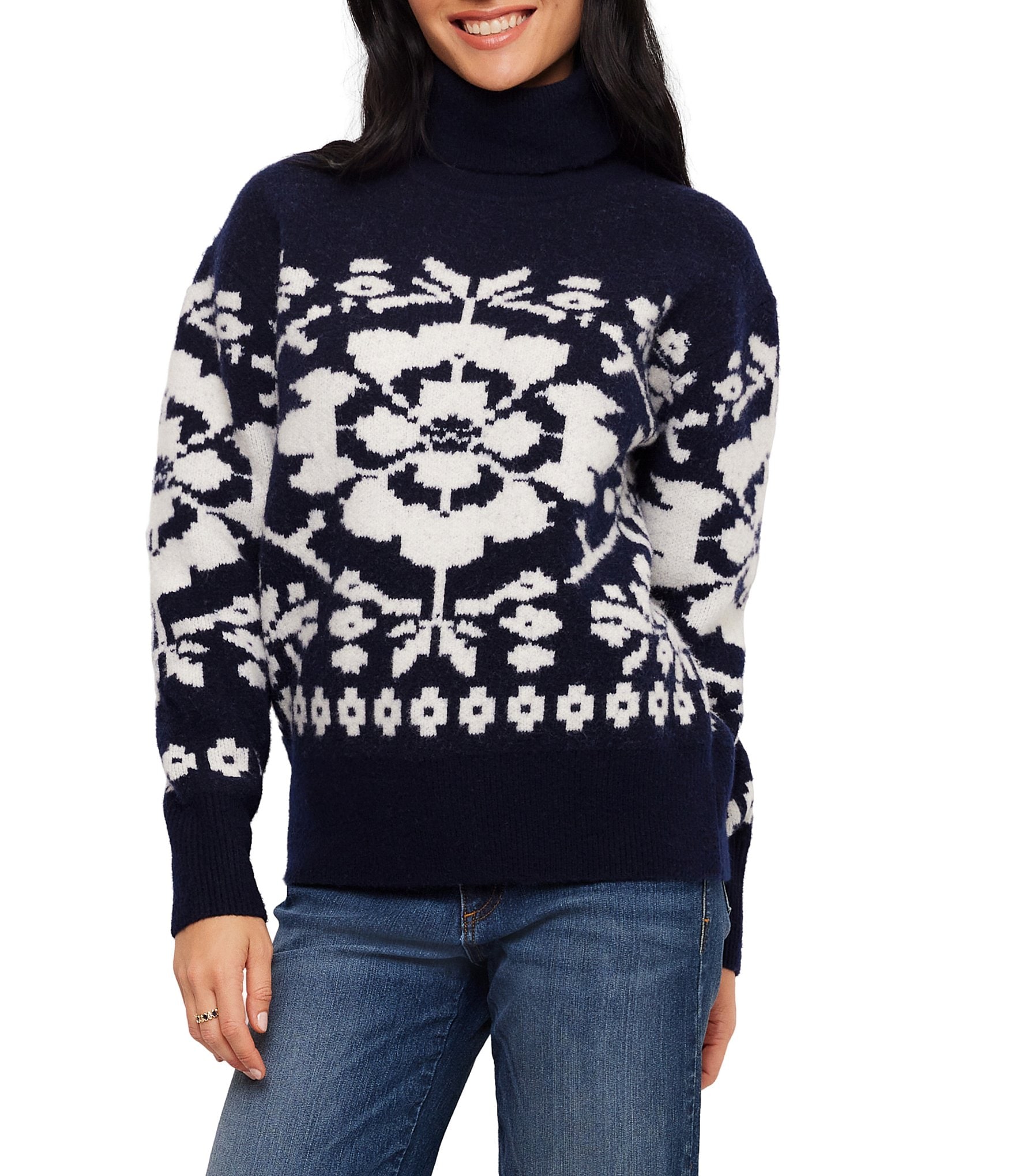 Karen Kane Petite Knit Jacquard Fold Over Turtleneck Long Sleeve Sweater