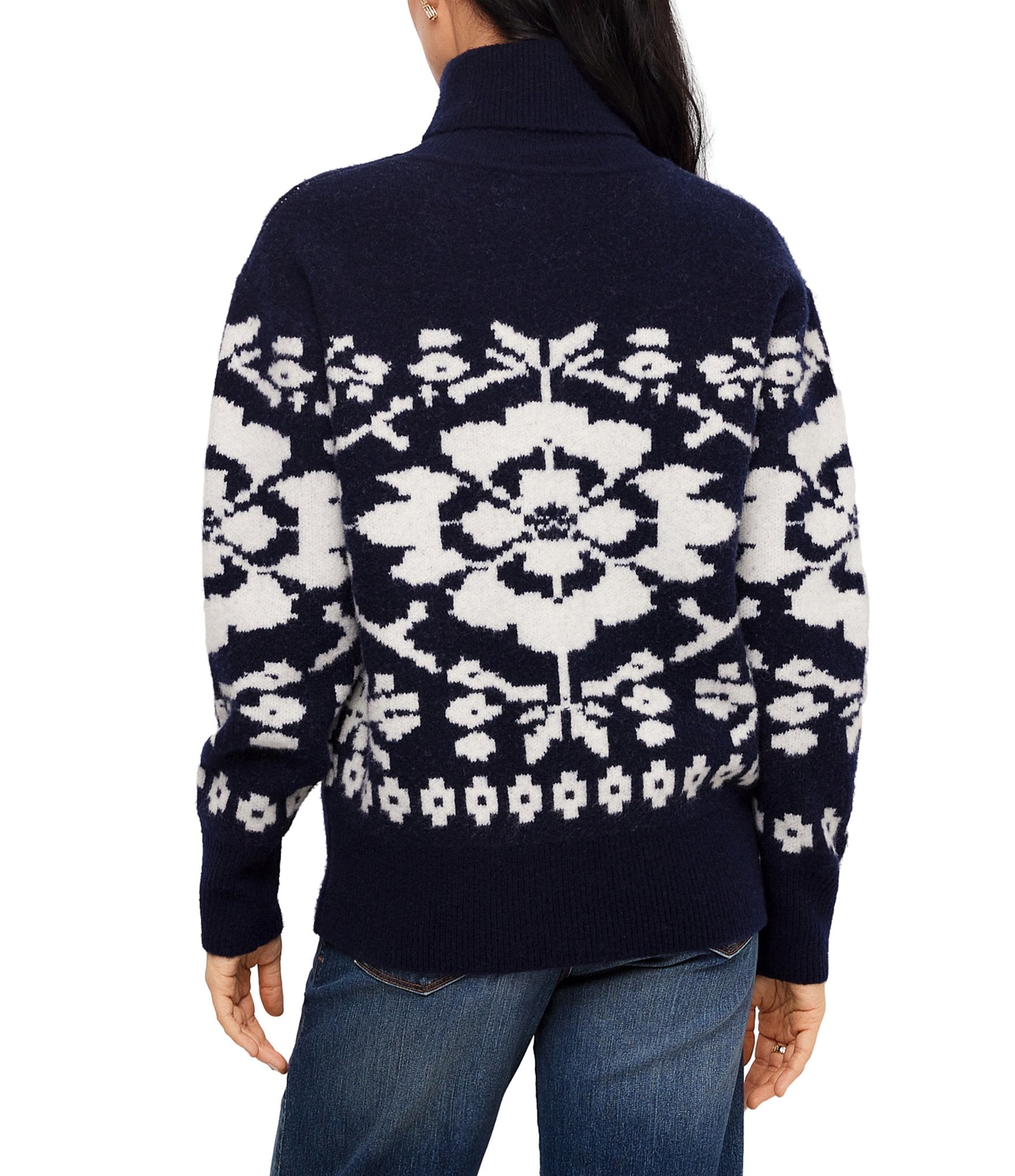 Karen Kane Petite Knit Jacquard Fold Over Turtleneck Long Sleeve Sweater