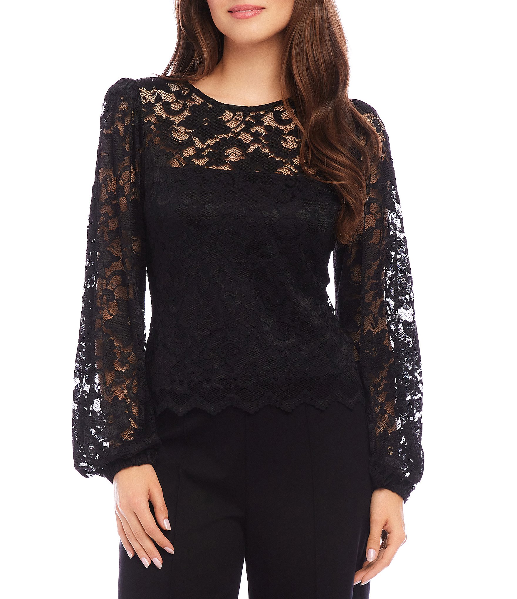 Karen Kane Petite Size Crew Neck Blouson Sleeve Scallop Hem Lace Top ...