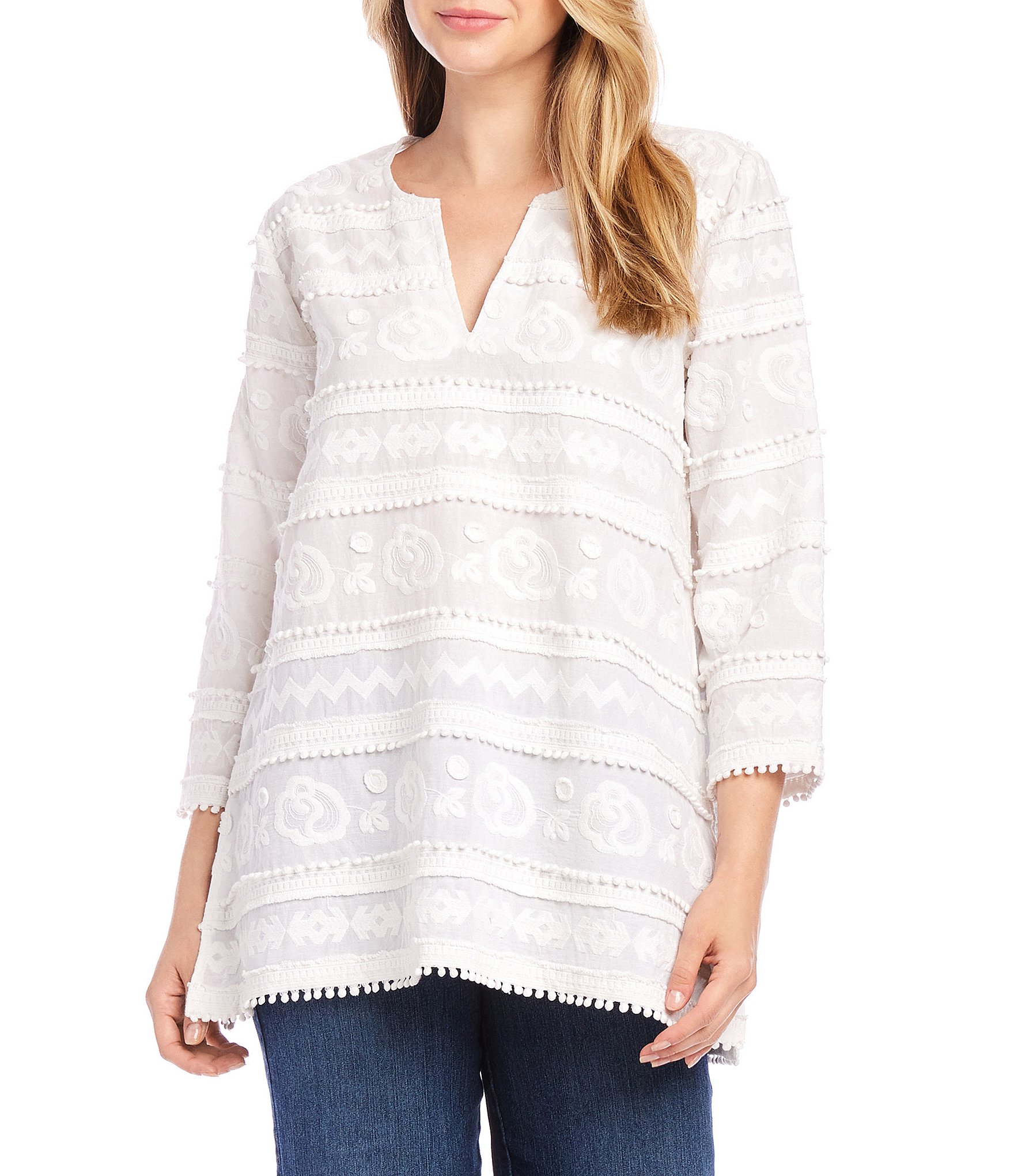 Karen Kane Petite Size Embroidered Pom Pom Tier Trim Details Notch V-Neck 3/4 Sleeve Tunic
